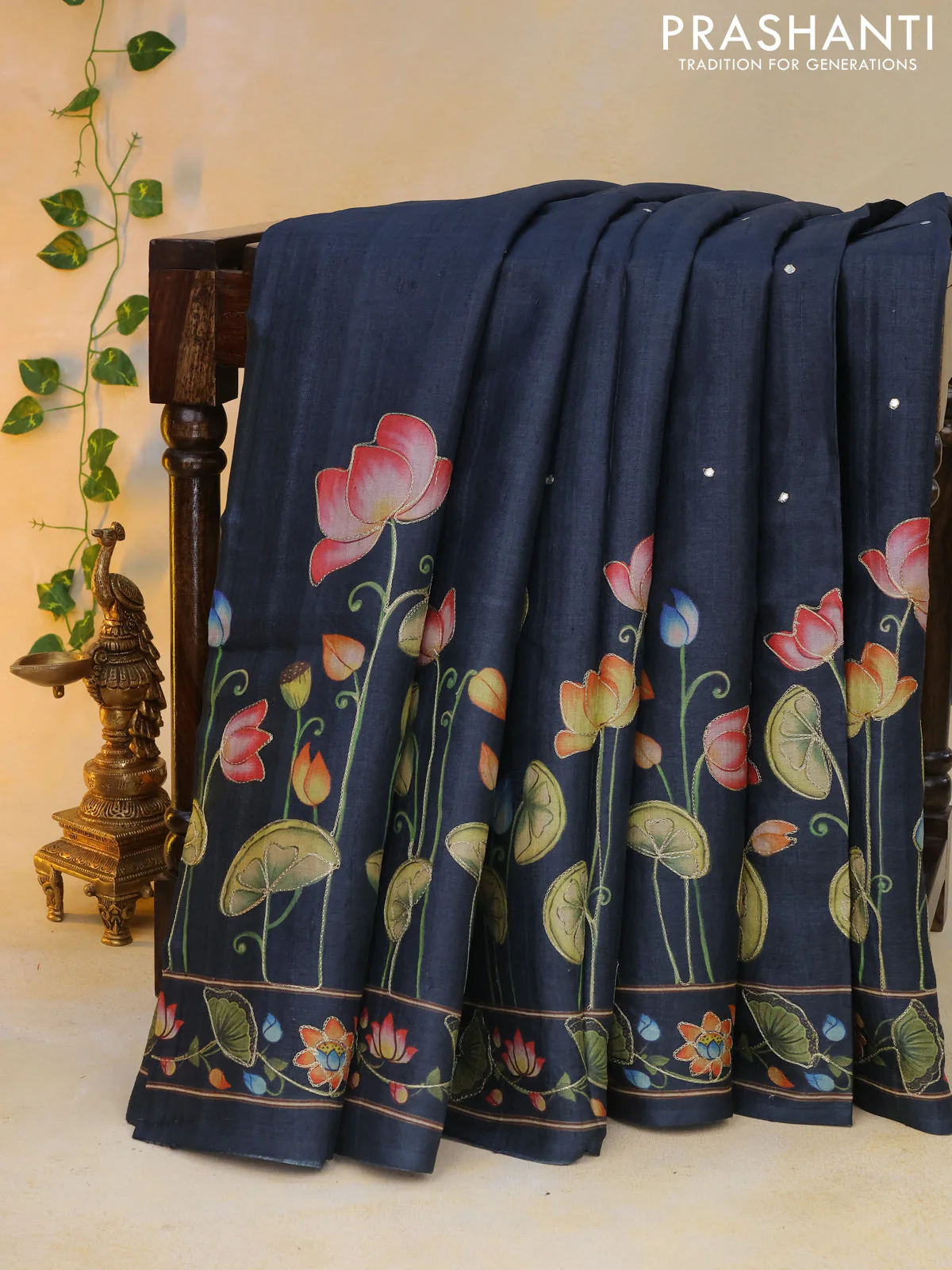 Pure tussar silk saree dark elephant grey with allover pichwai prints & embroidery work buttas and pita work pichwai printed border - Image 10