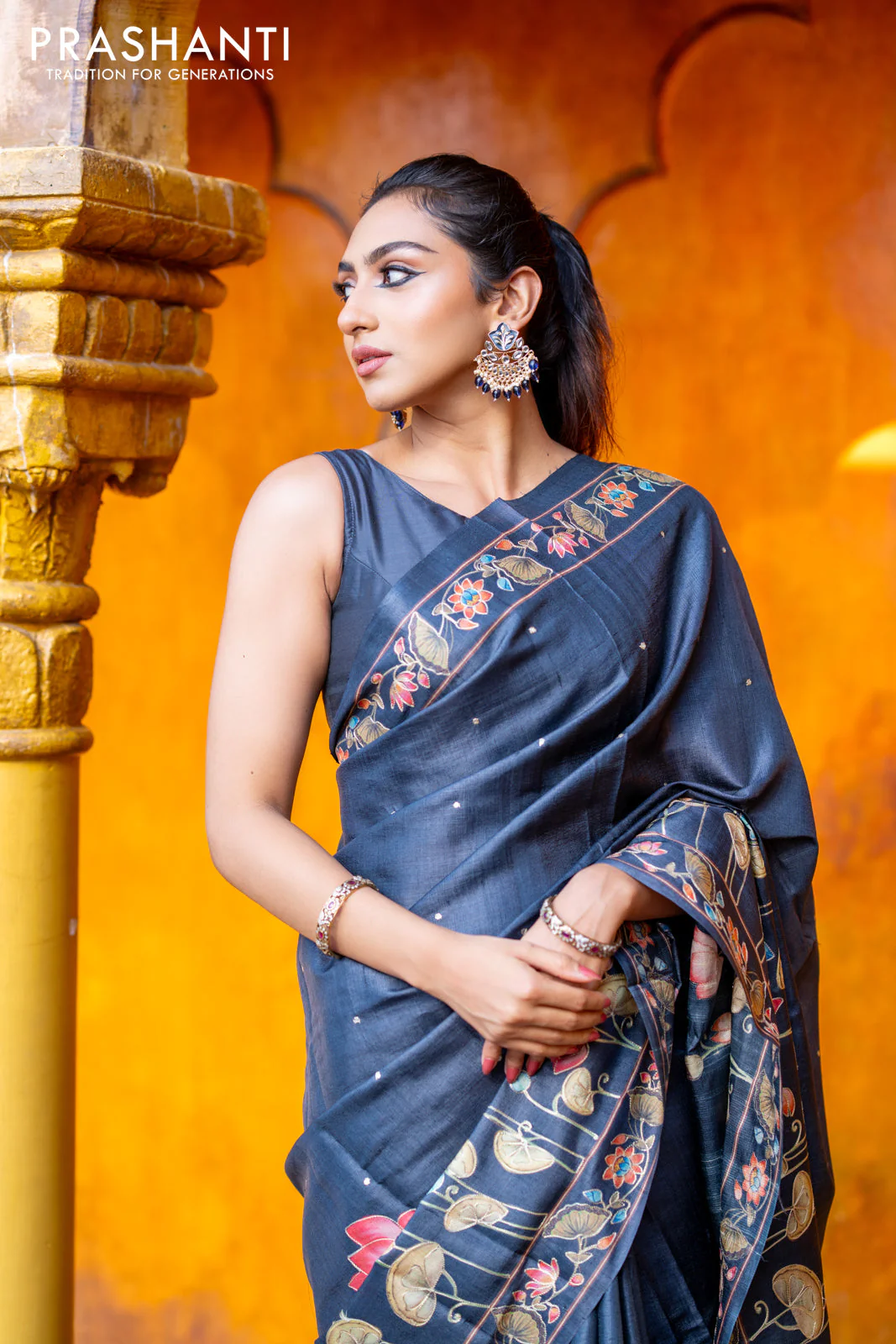 Pure tussar silk saree dark elephant grey with allover pichwai prints & embroidery work buttas and pita work pichwai printed border - Image 2