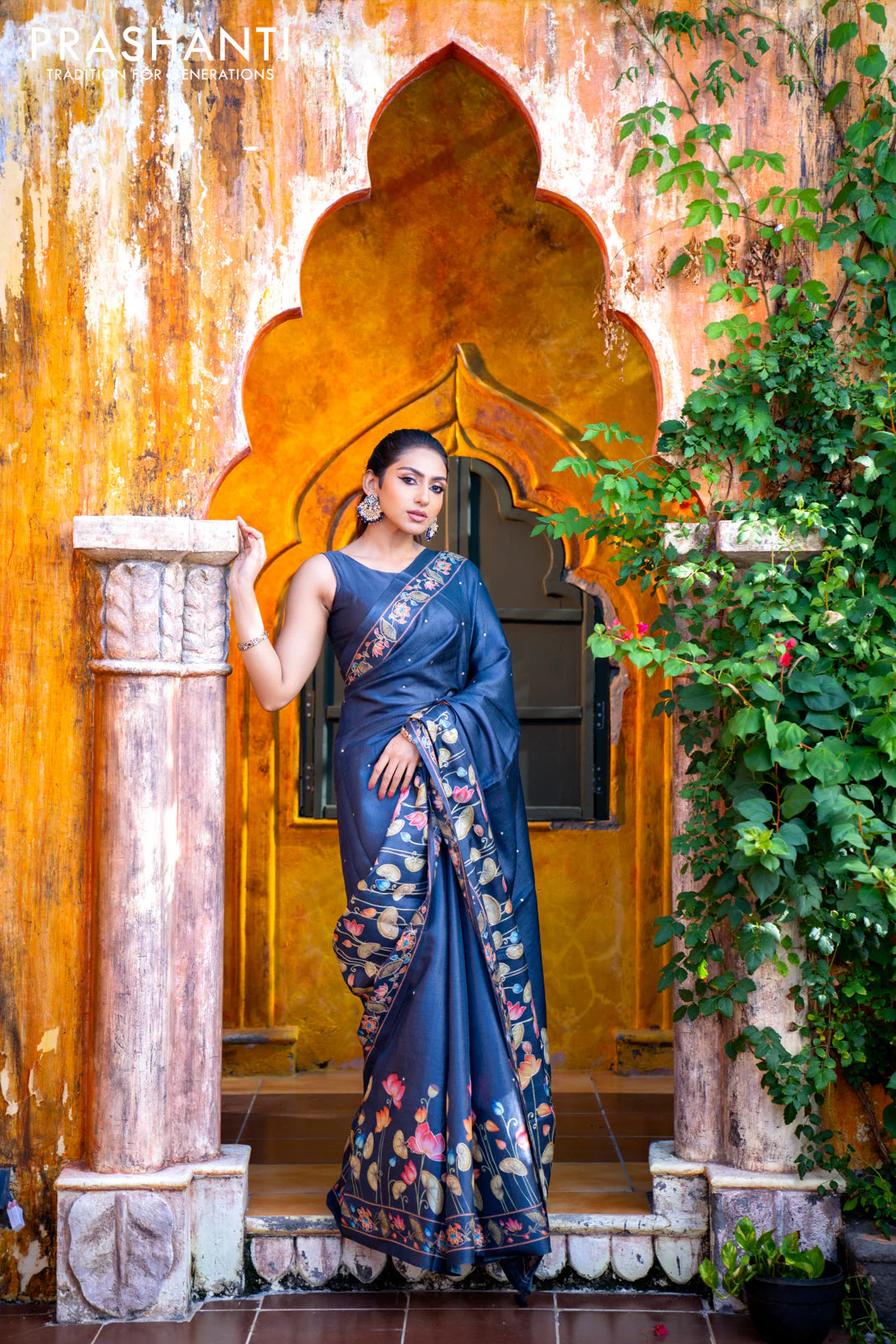 Pure tussar silk saree dark elephant grey with allover pichwai prints & embroidery work buttas and pita work pichwai printed border - Image 3