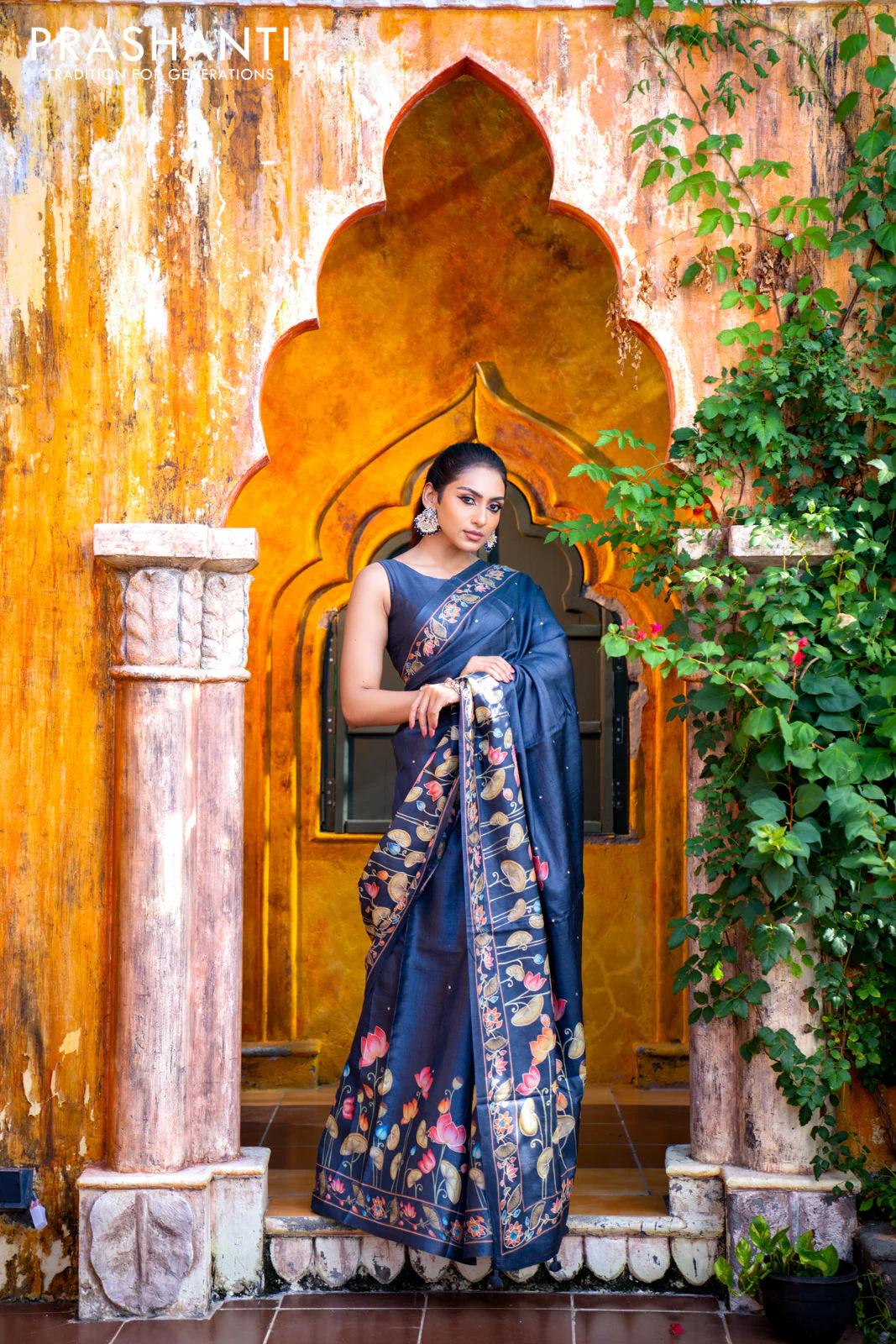 Pure tussar silk saree dark elephant grey with allover pichwai prints & embroidery work buttas and pita work pichwai printed border - Image 4