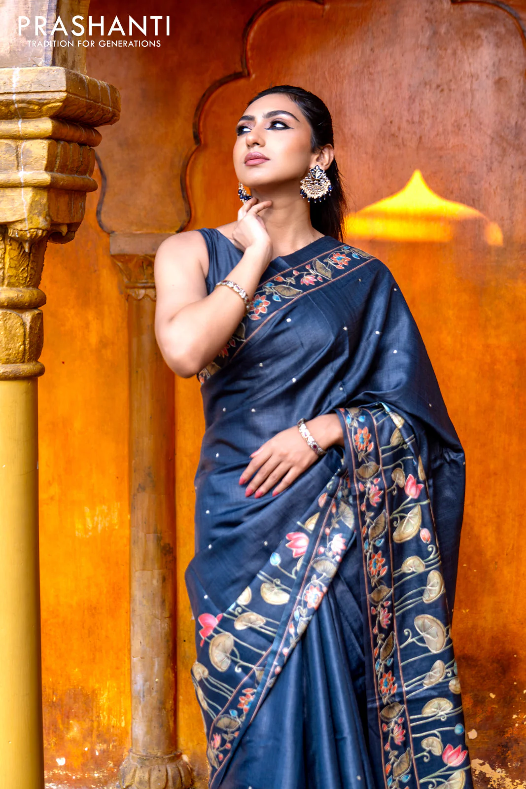 Pure tussar silk saree dark elephant grey with allover pichwai prints & embroidery work buttas and pita work pichwai printed border - Image 7