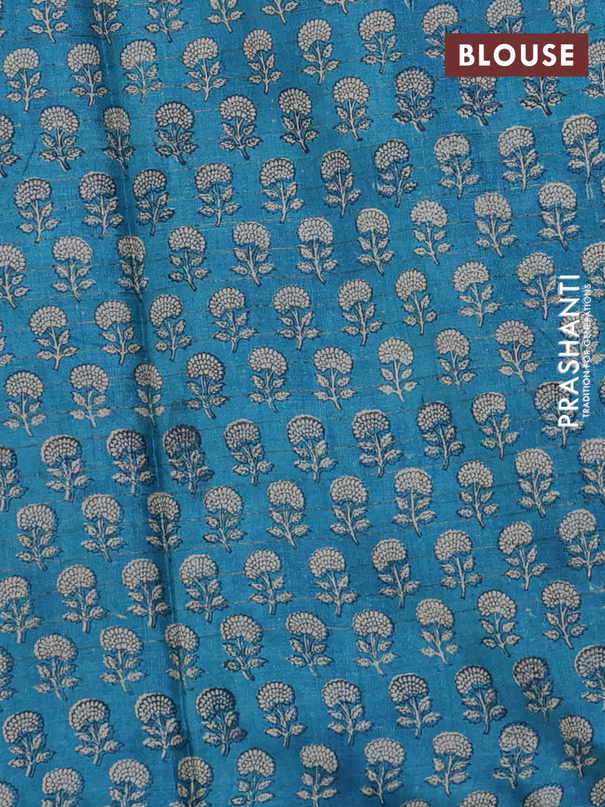Pure tussar silk saree dark green and cs blue with allover zari checked pattern and floral printed border - Image 3