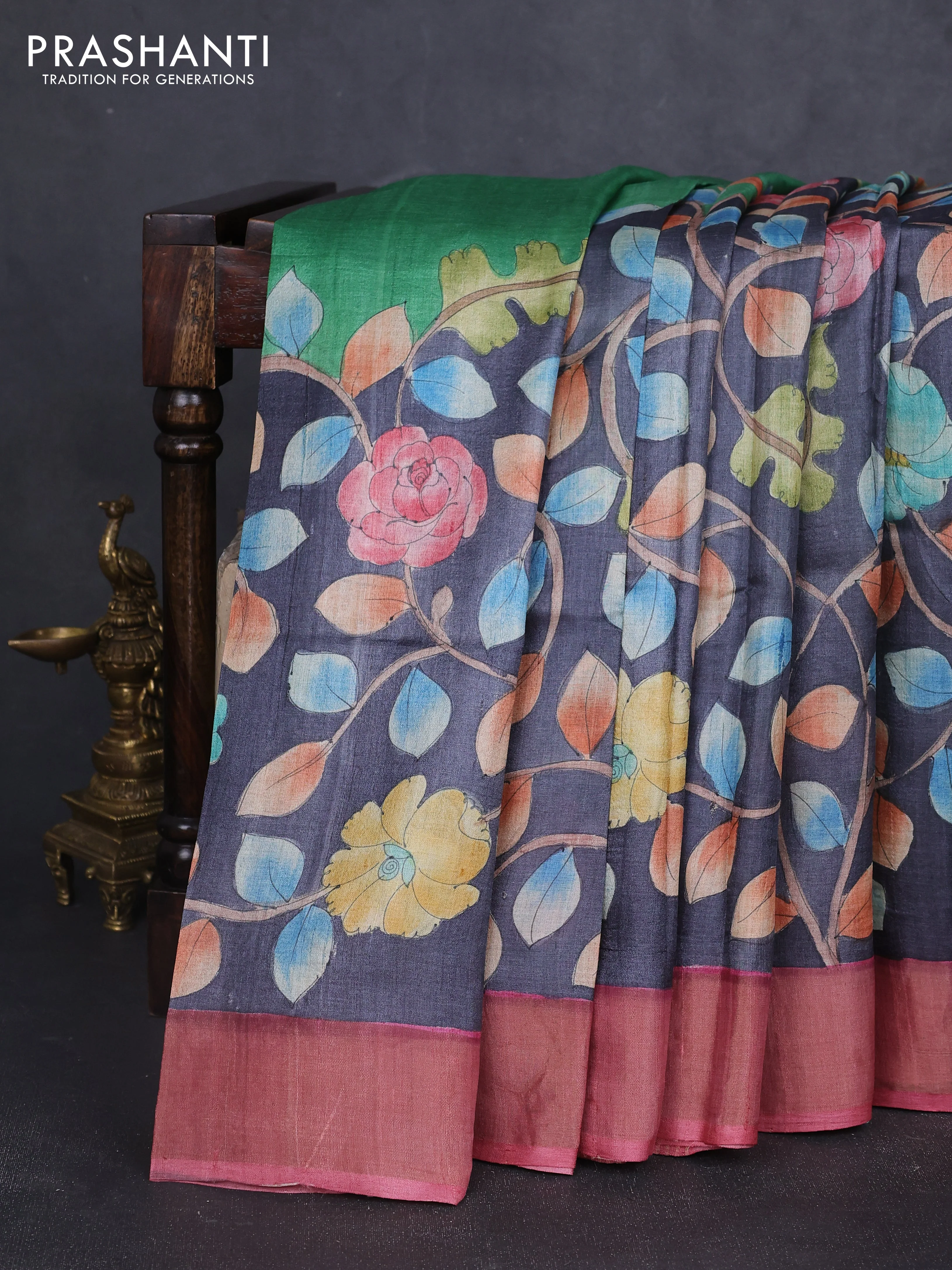Pure tussar silk saree dark grey and peach pink with allover kalamkari hand painted prints and zari woven border
