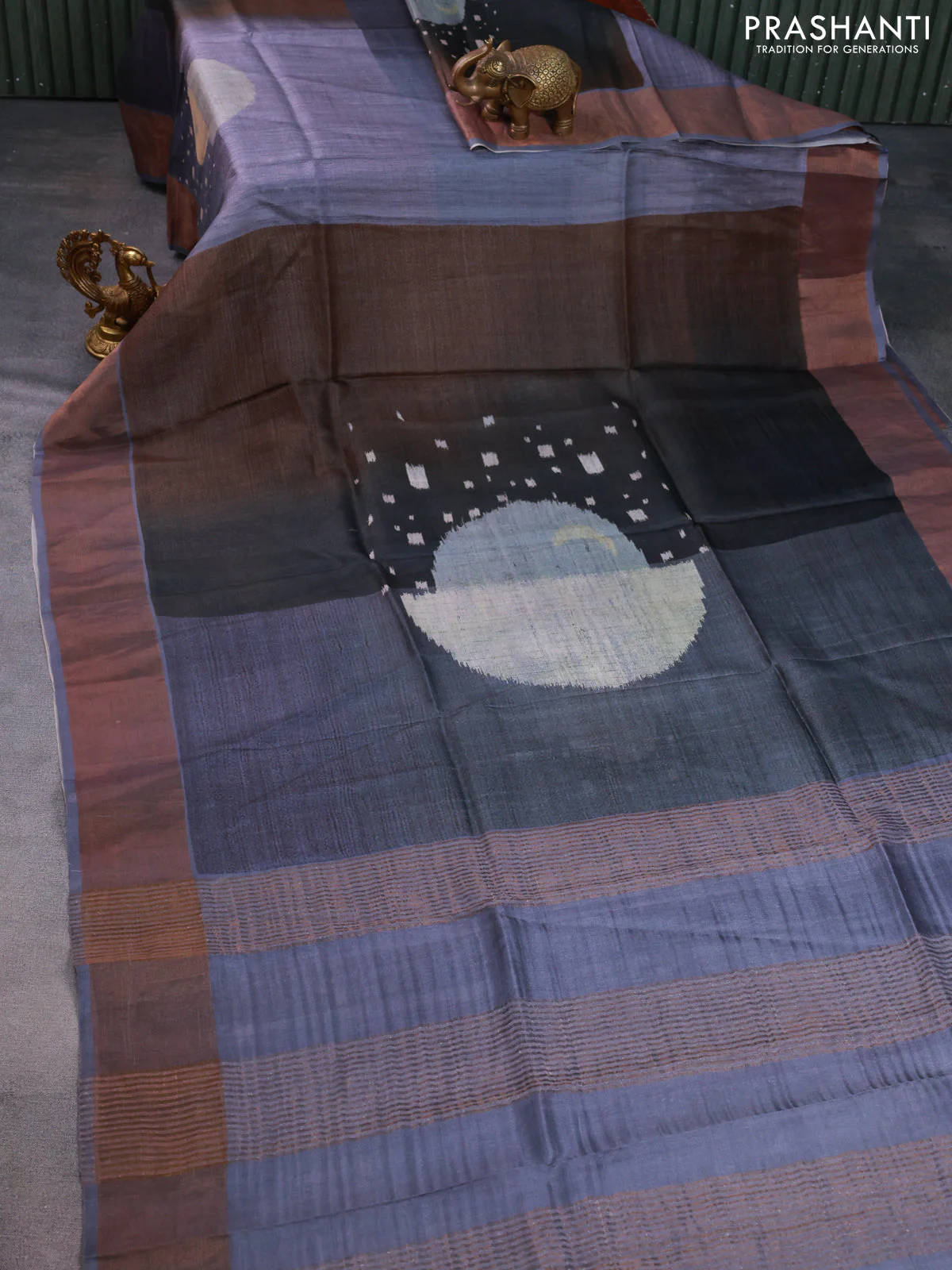 Pure tussar silk saree dark grey with allover digital prints and zari woven border