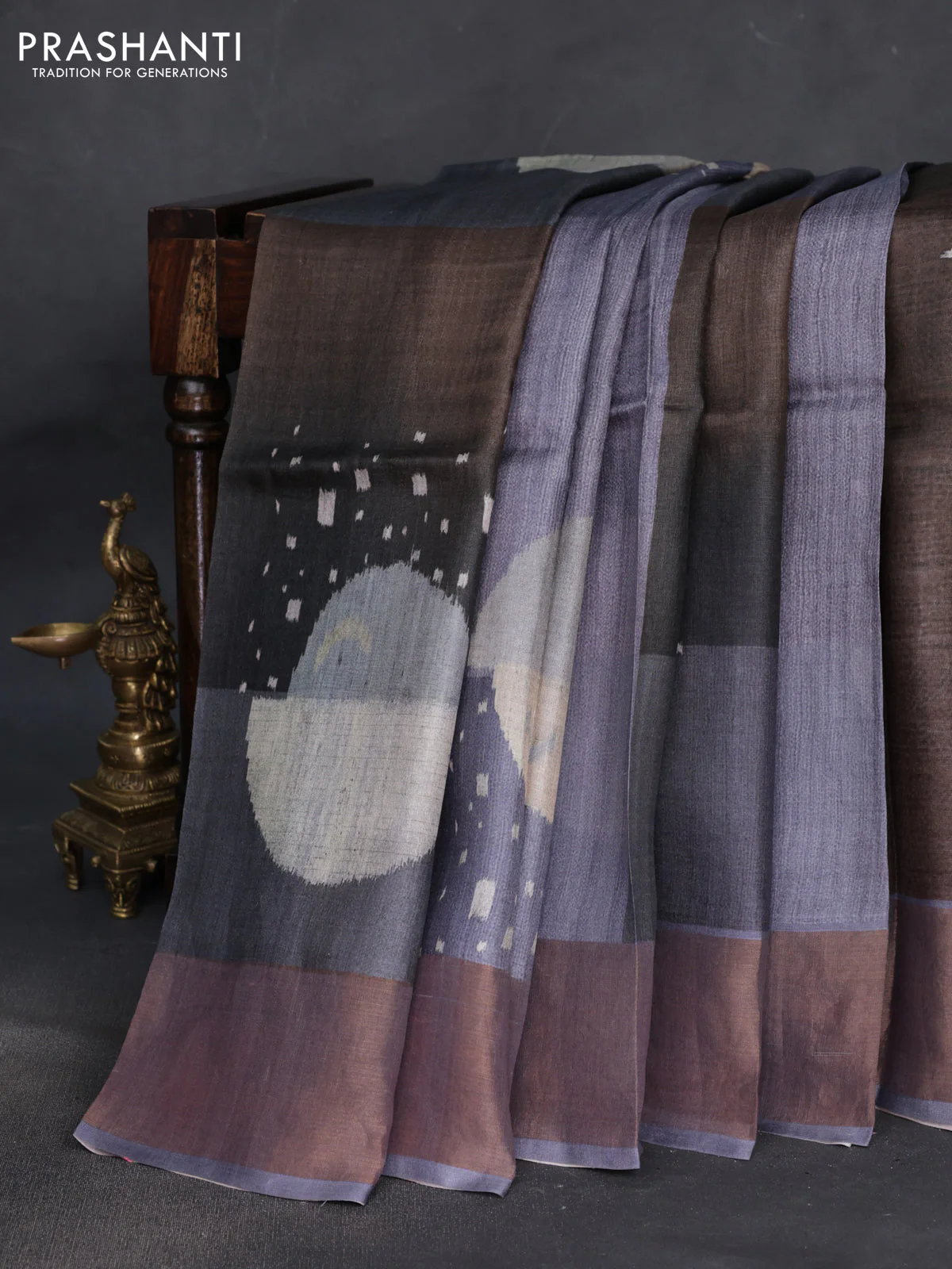 Pure tussar silk saree dark grey with allover digital prints and zari woven border - Image 2