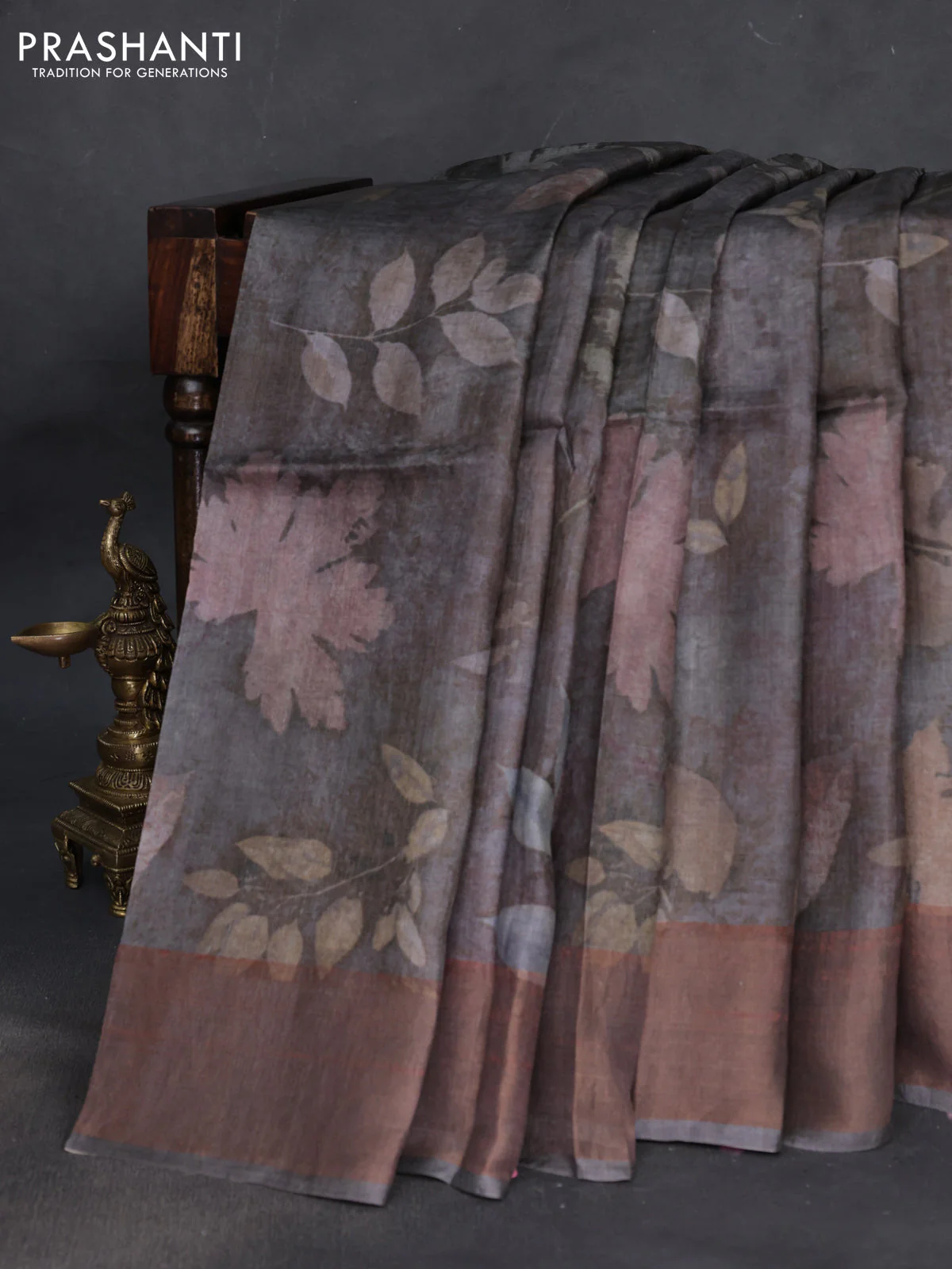 Pure tussar silk saree dark grey with allover floral digital prints and zari woven border - Image 2