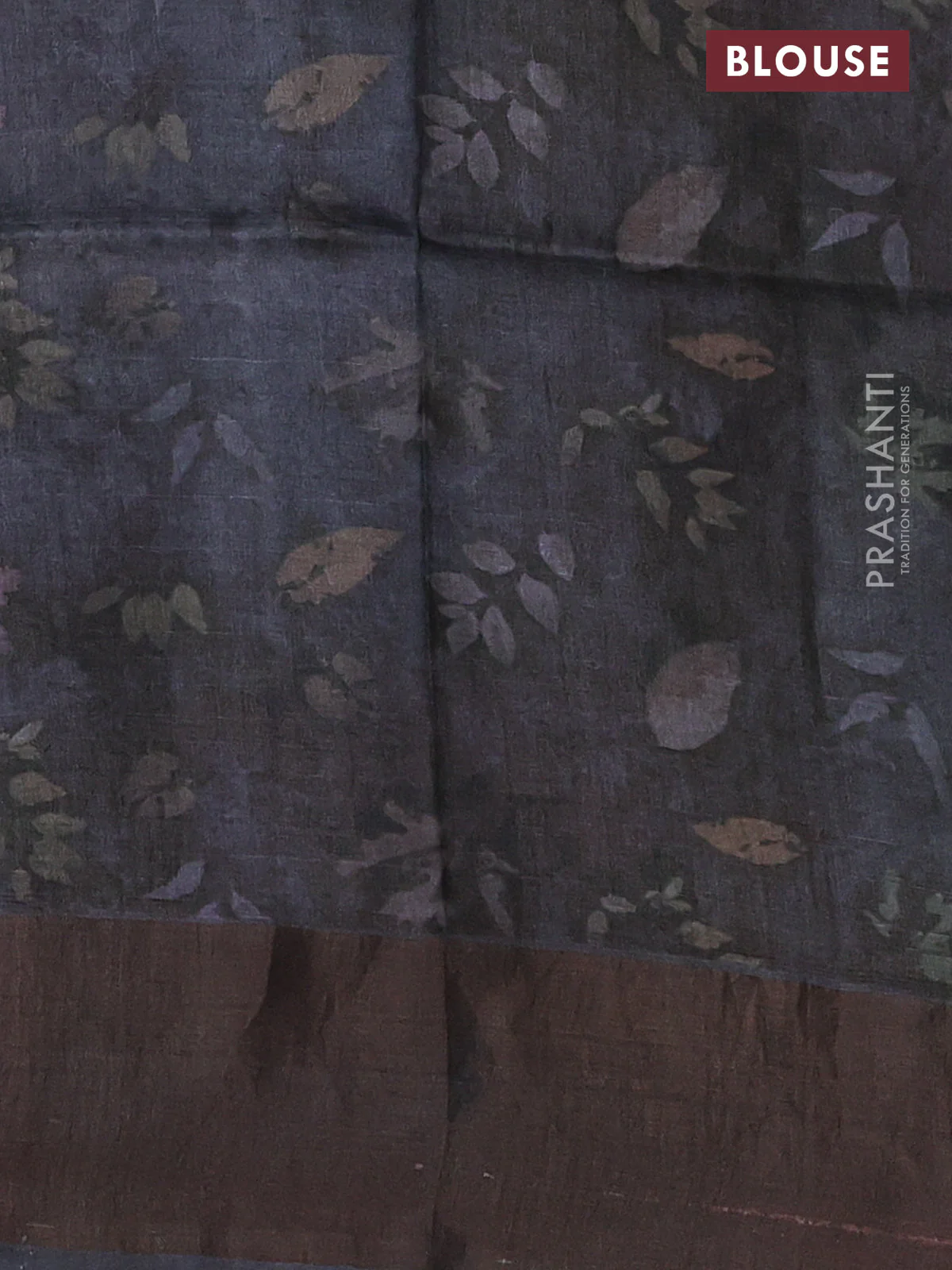 Pure tussar silk saree dark grey with allover floral digital prints and zari woven border - Image 3