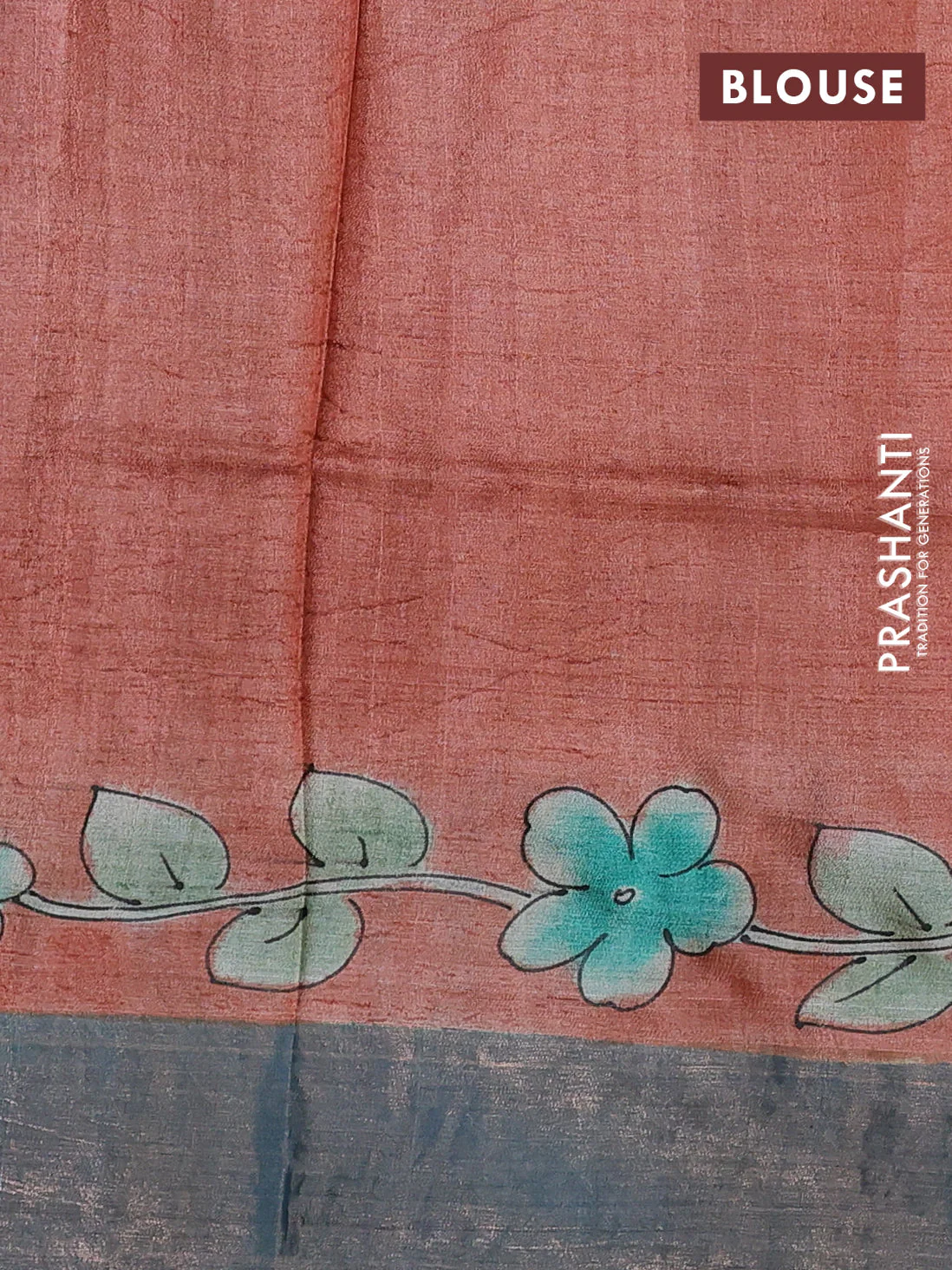 Pure tussar silk saree dark sandal and pastel green with allover kalamkari hand painted prints and zari woven border - Image 3