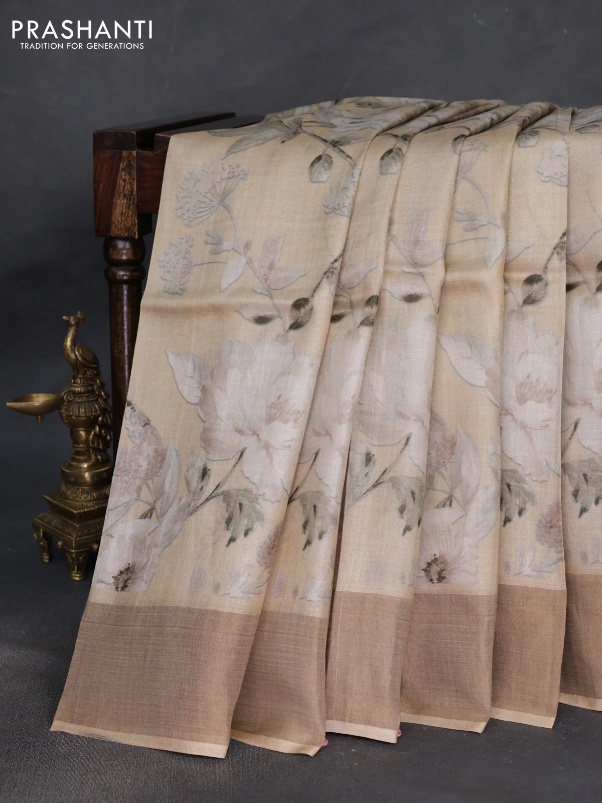 Pure tussar silk saree dark sandal with floral digital prints and zari woven border - Image 2