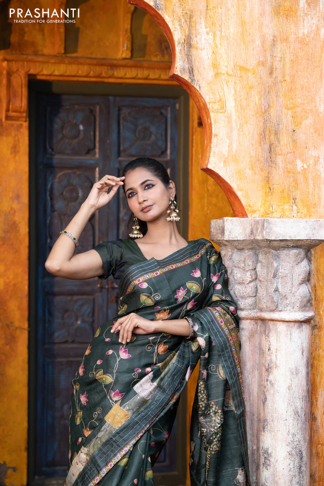 Pure tussar silk saree dark sap green with allover digital pichwai prints & pita work and zari line border - Image 10