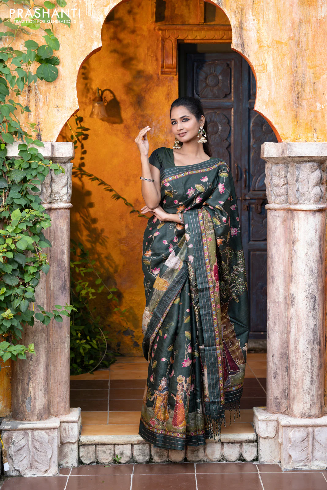 Pure tussar silk saree dark sap green with allover digital pichwai prints & pita work and zari line border - Image 11