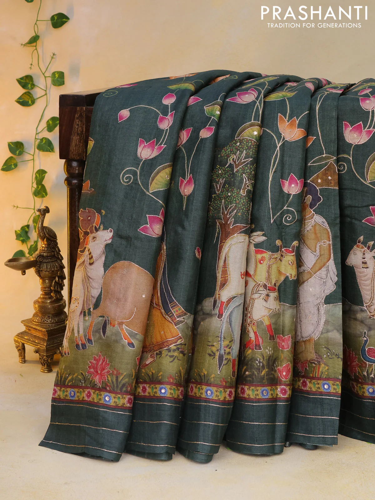 Pure tussar silk saree dark sap green with allover digital pichwai prints & pita work and zari line border - Image 12