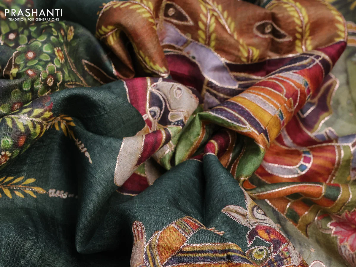 Pure tussar silk saree dark sap green with allover digital pichwai prints & pita work and zari line border - Image 14