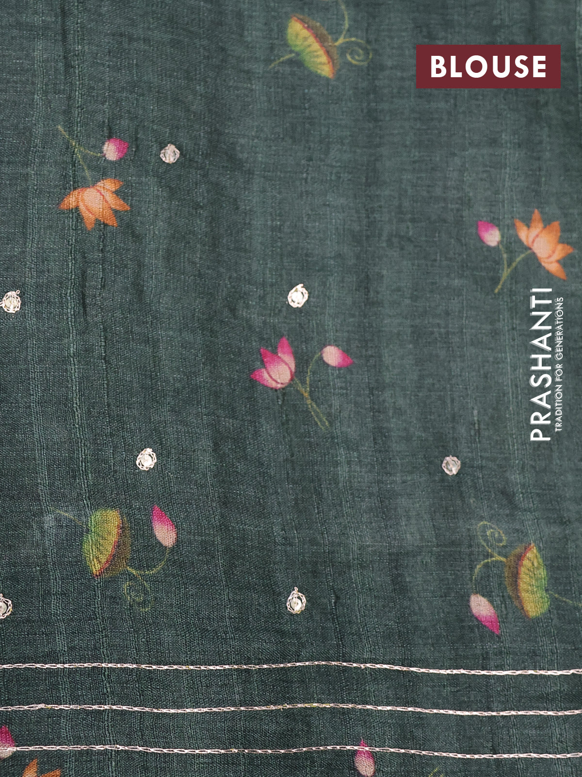 Pure tussar silk saree dark sap green with allover digital pichwai prints & pita work and zari line border - Image 15