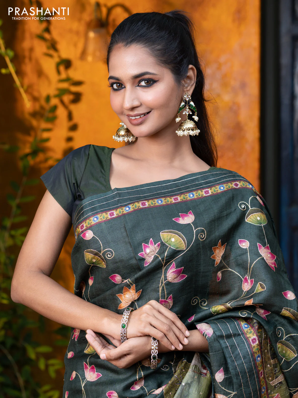 Pure tussar silk saree dark sap green with allover digital pichwai prints & pita work and zari line border - Image 2