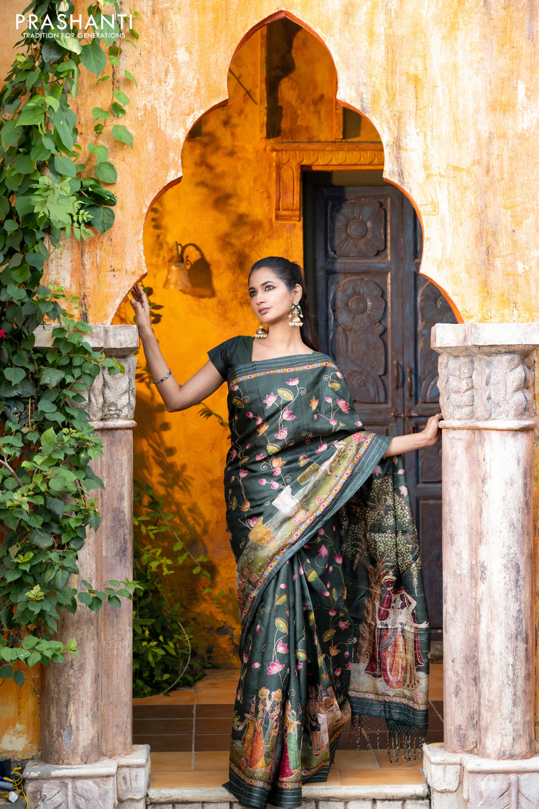 Pure tussar silk saree dark sap green with allover digital pichwai prints & pita work and zari line border - Image 4