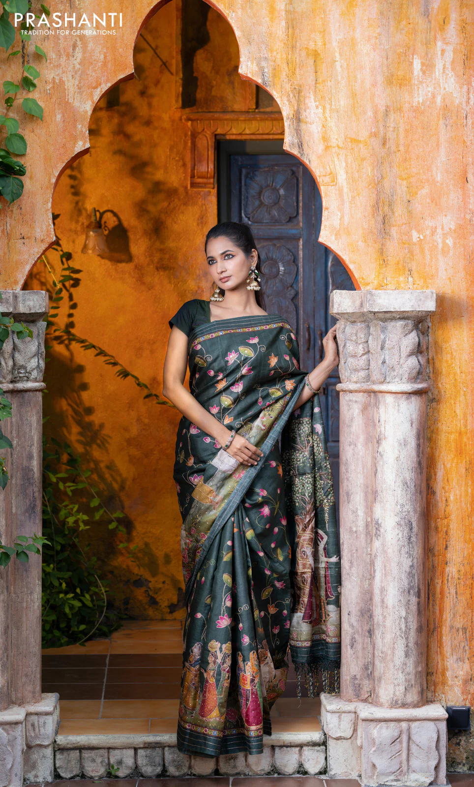 Pure tussar silk saree dark sap green with allover digital pichwai prints & pita work and zari line border - Image 5