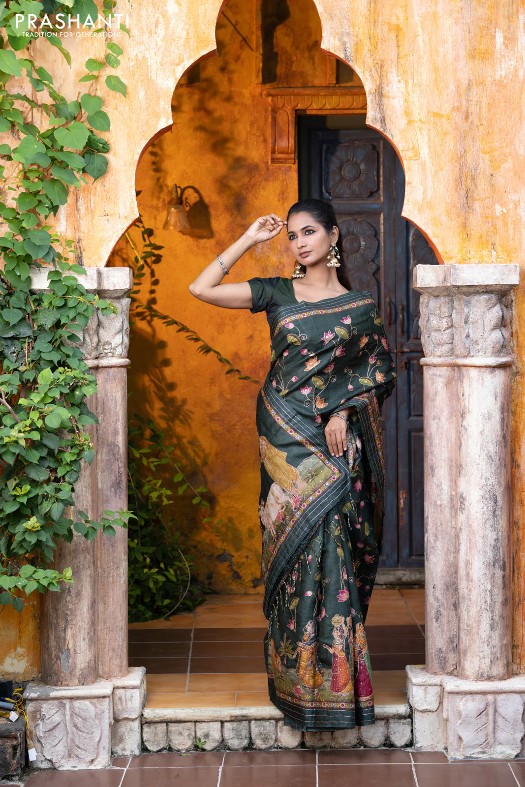 Pure tussar silk saree dark sap green with allover digital pichwai prints & pita work and zari line border - Image 6