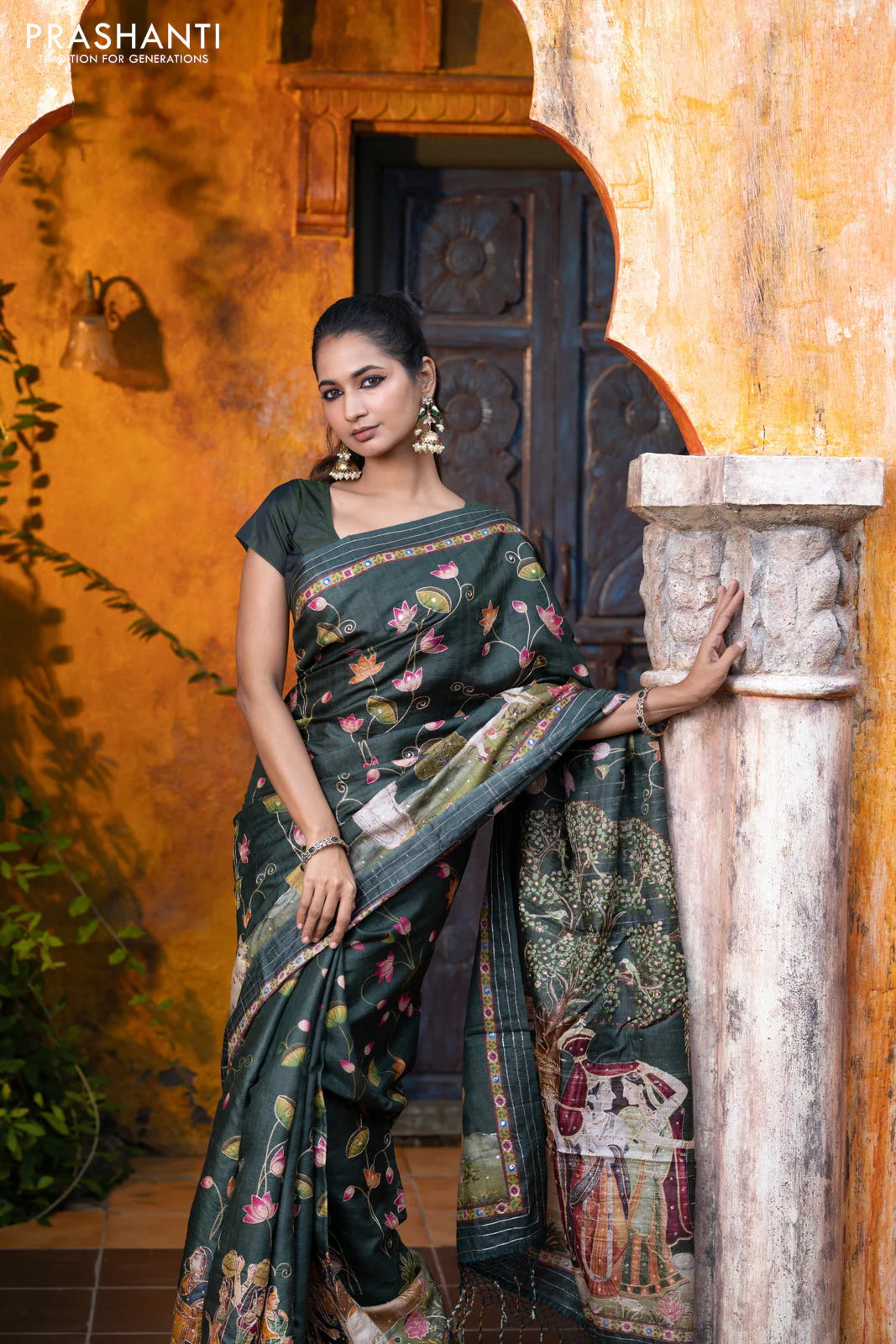 Pure tussar silk saree dark sap green with allover digital pichwai prints & pita work and zari line border - Image 7