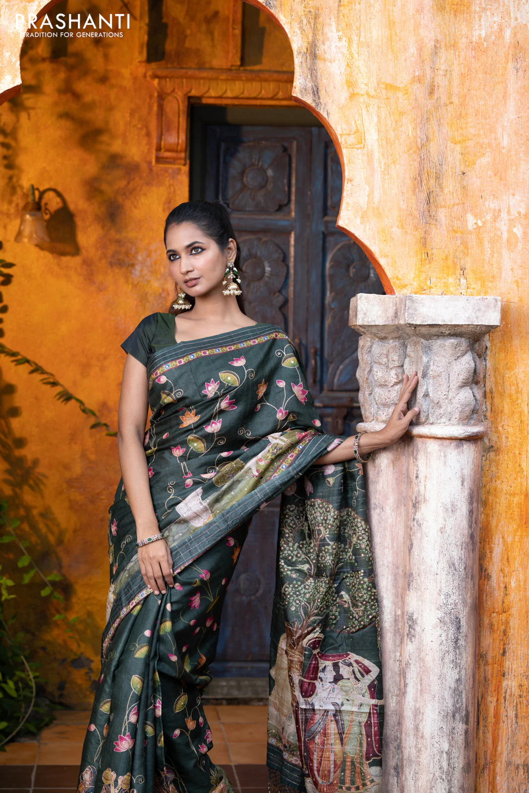 Pure tussar silk saree dark sap green with allover digital pichwai prints & pita work and zari line border - Image 8