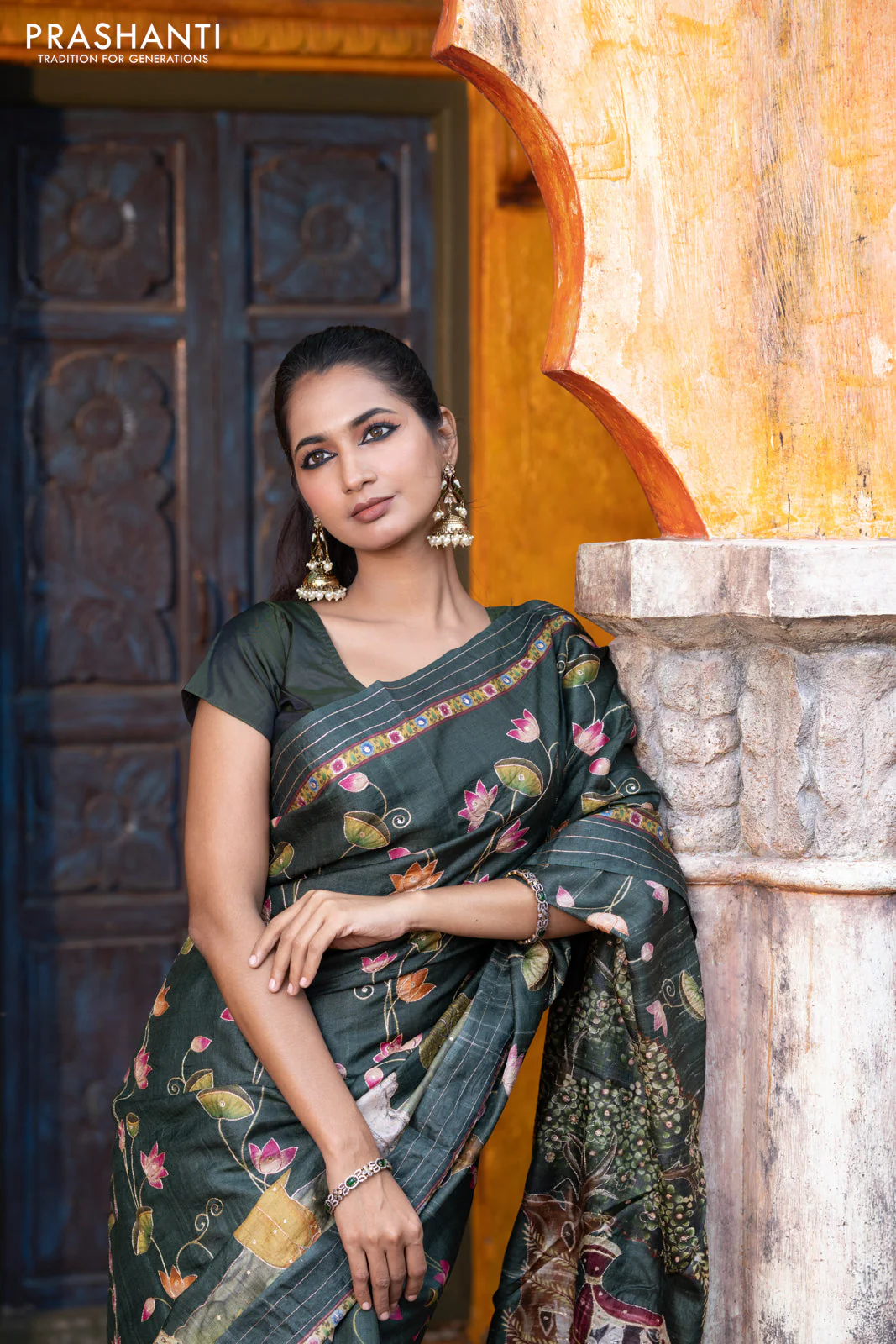 Pure tussar silk saree dark sap green with allover digital pichwai prints & pita work and zari line border - Image 9