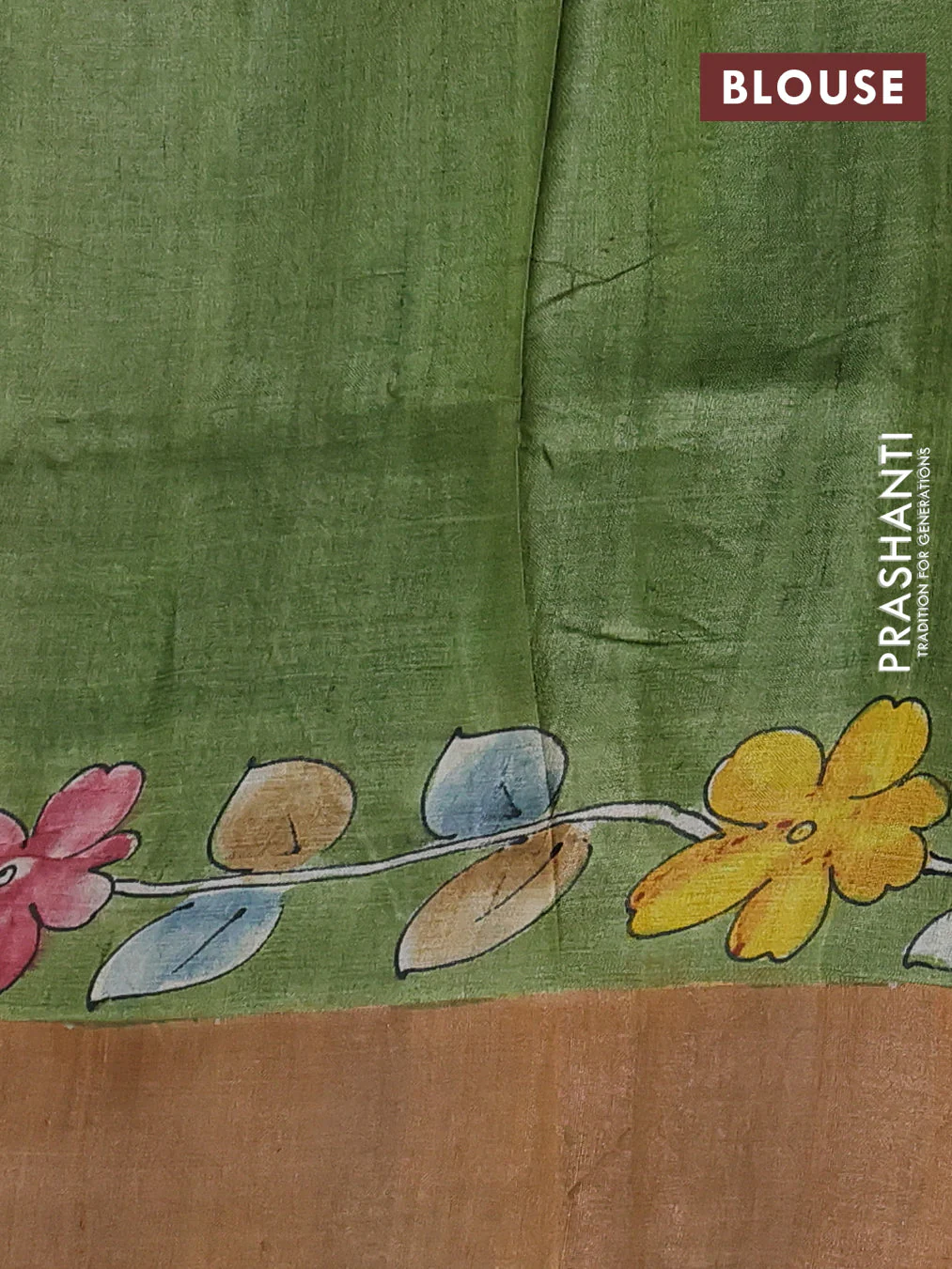Pure tussar silk saree deep maroon and blue with allover kalamkari hand painted prints and zari woven border - Image 3