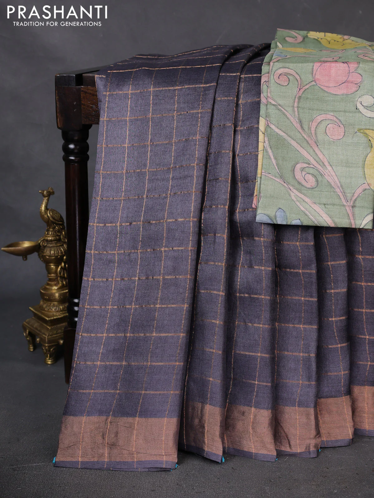 Pure Tussar Silk Saree elephant grey and pastel green with allover zari checked pattern and zari woven border