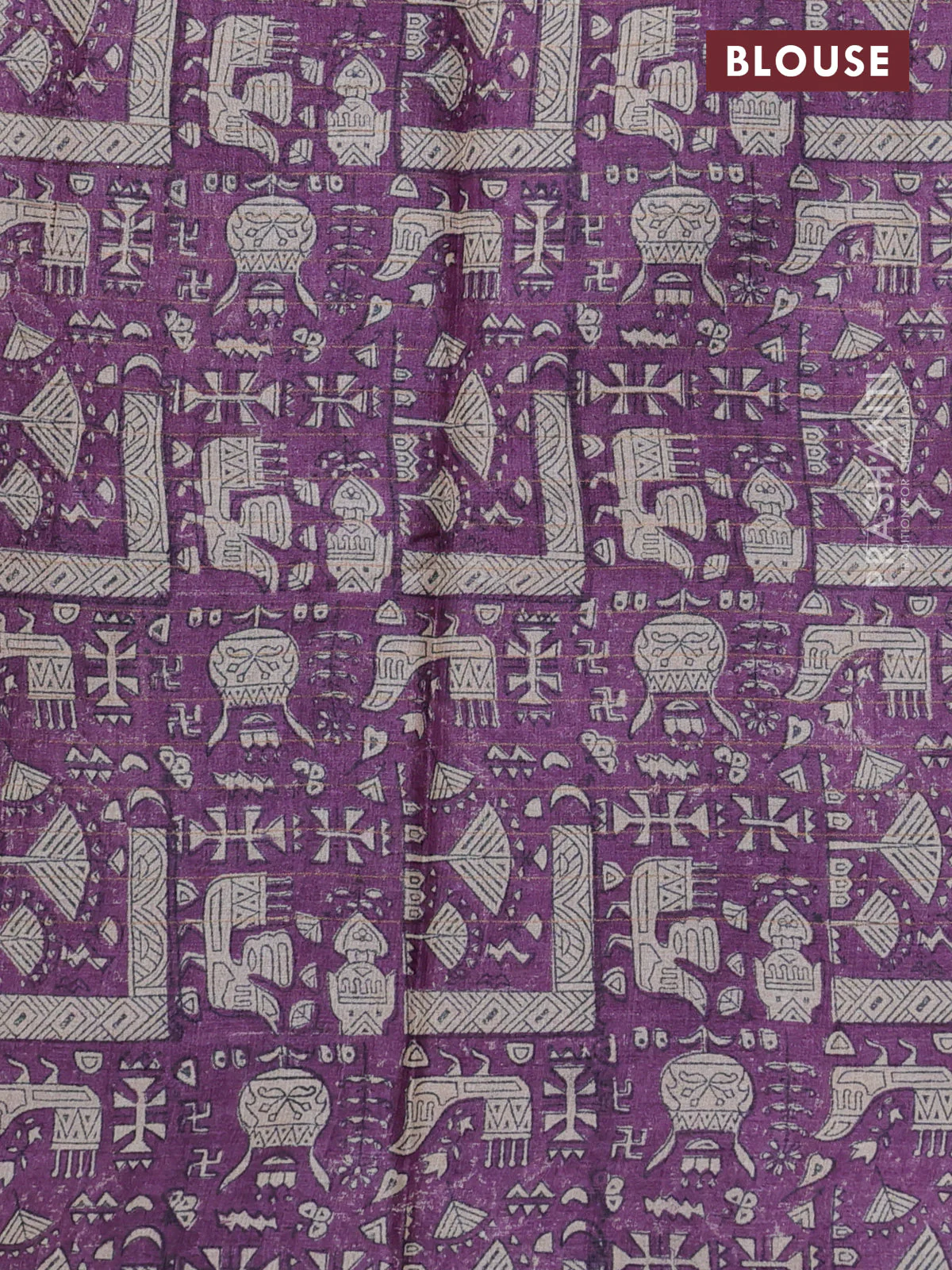 Pure tussar silk saree elephant grey and purple with allover zari checked pattern and printed border - Image 3
