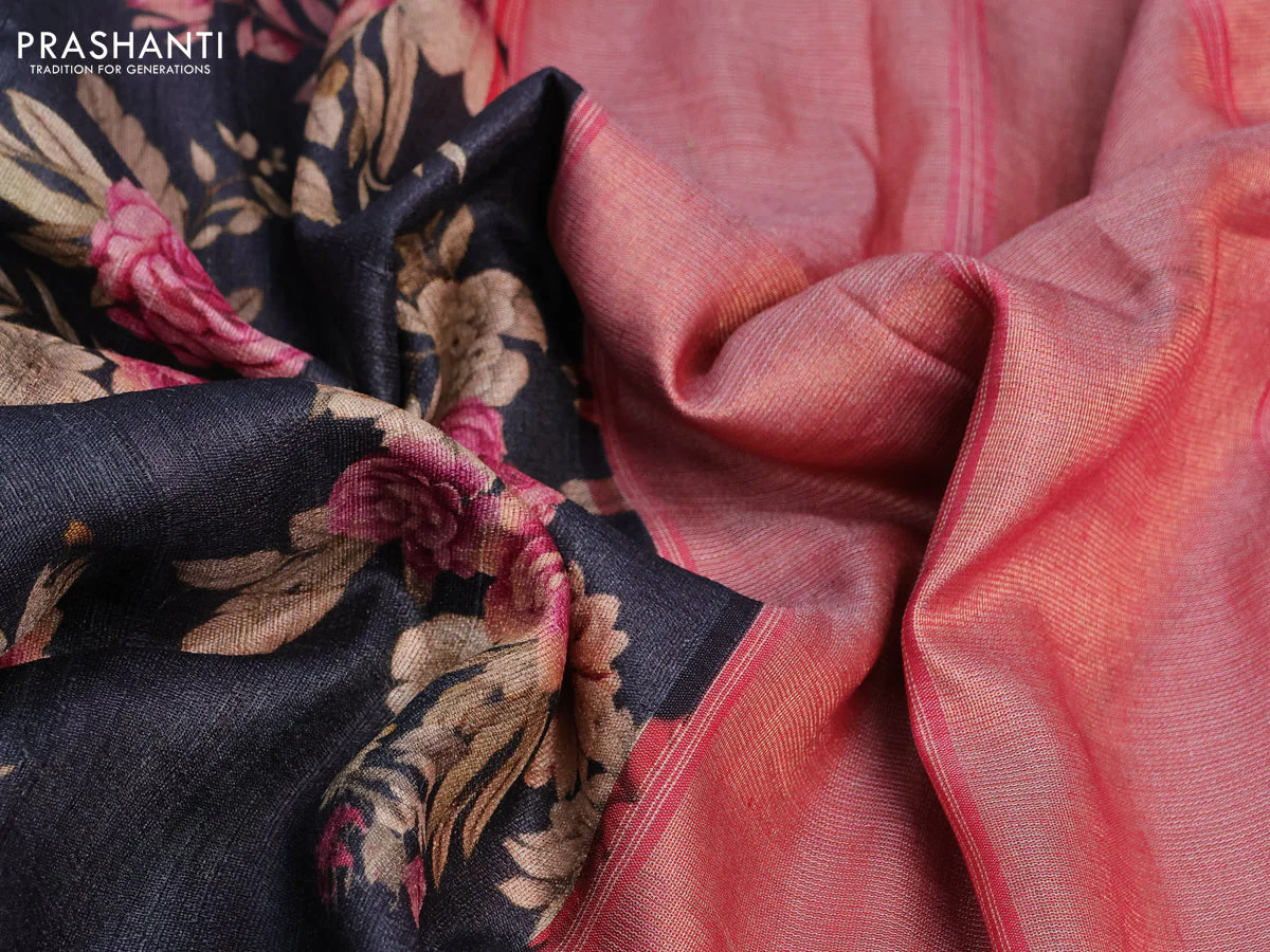 Pure tussar silk saree elephant grey and red with allover floral digital prints and temple deisgn zari woven vidarbha border - Image 10