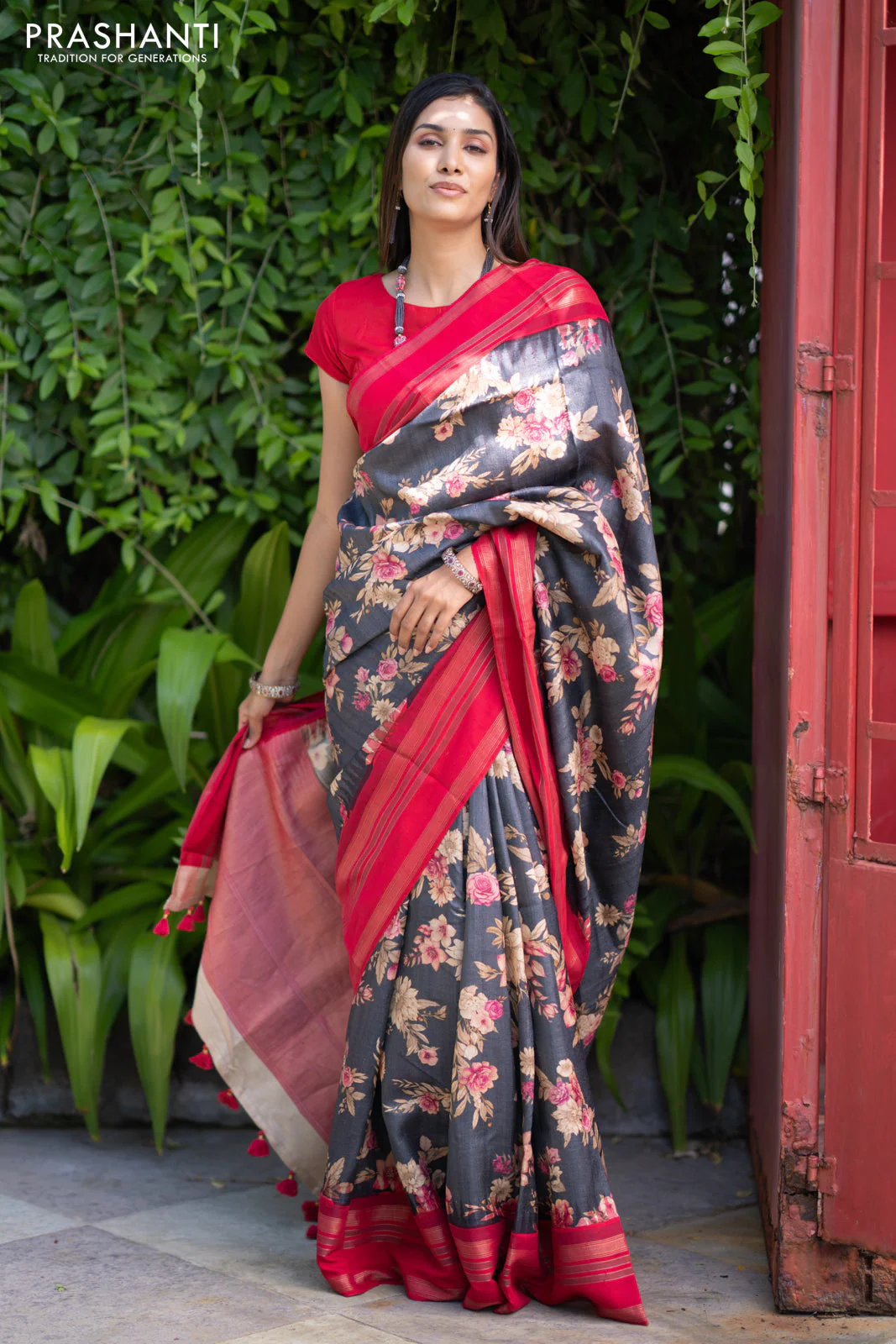 Pure tussar silk saree elephant grey and red with allover floral digital prints and temple deisgn zari woven vidarbha border - Image 2