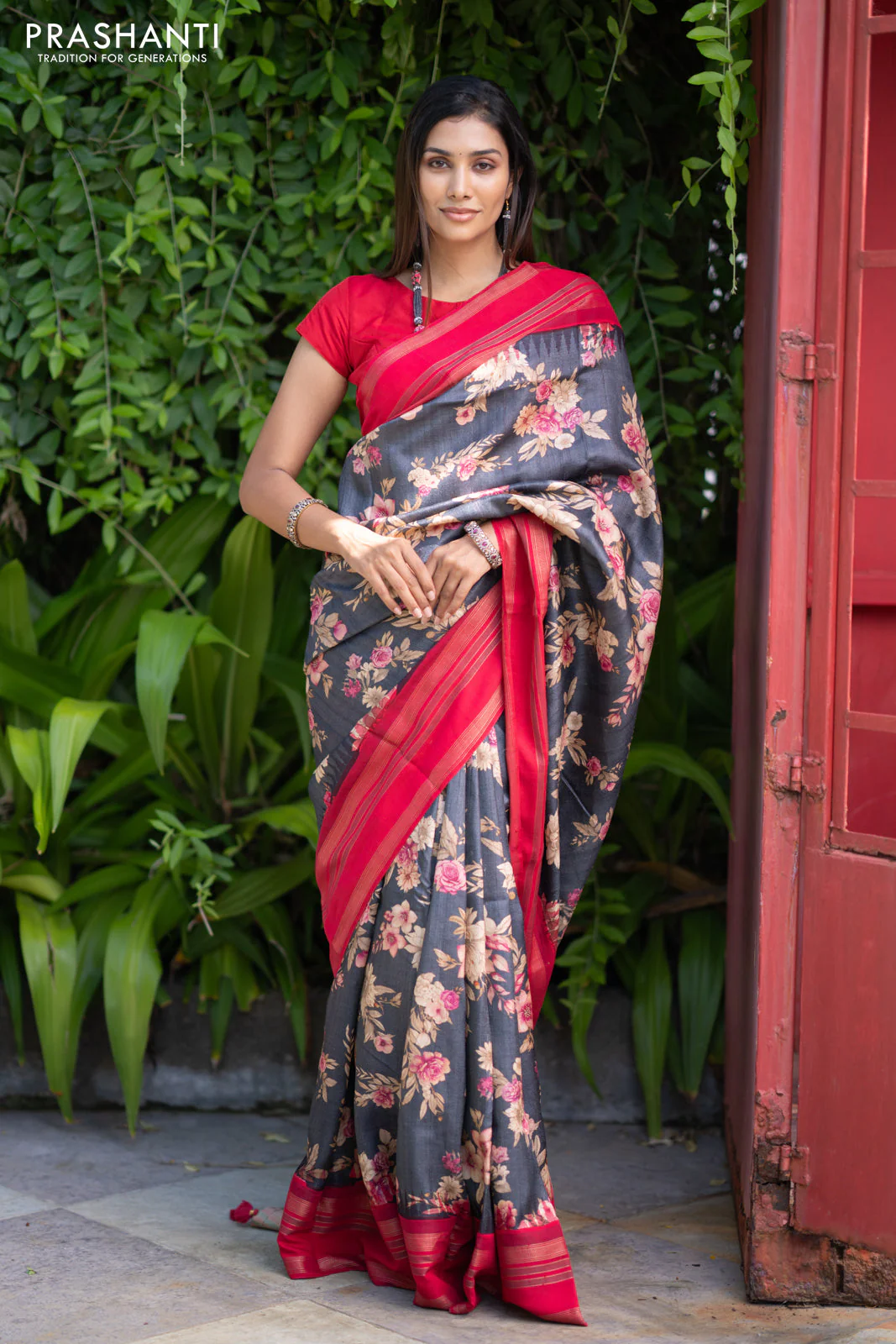 Pure tussar silk saree elephant grey and red with allover floral digital prints and temple deisgn zari woven vidarbha border - Image 3