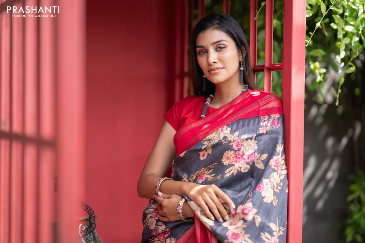Pure tussar silk saree elephant grey and red with allover floral digital prints and temple deisgn zari woven vidarbha border - Image 5