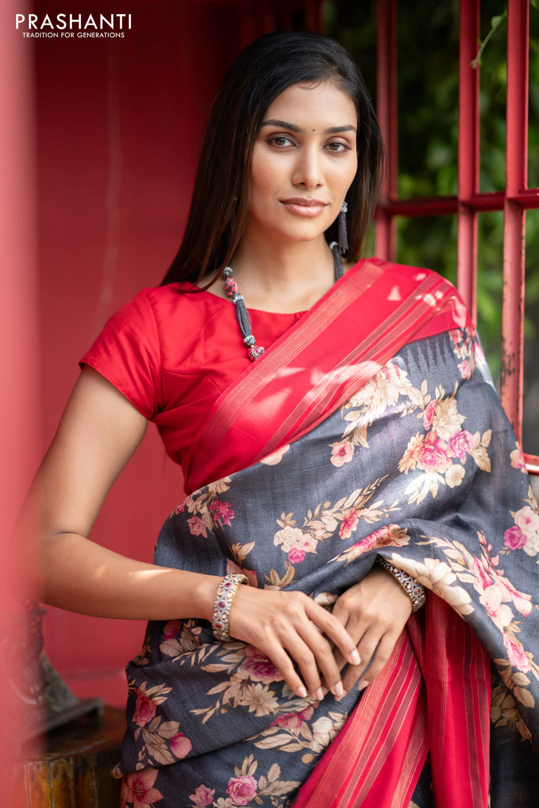 Pure tussar silk saree elephant grey and red with allover floral digital prints and temple deisgn zari woven vidarbha border - Image 7
