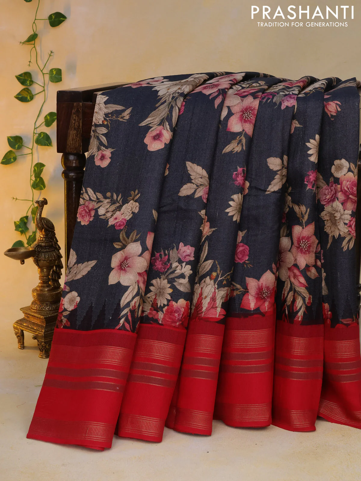 Pure tussar silk saree elephant grey and red with allover floral digital prints and temple deisgn zari woven vidarbha border - Image 8
