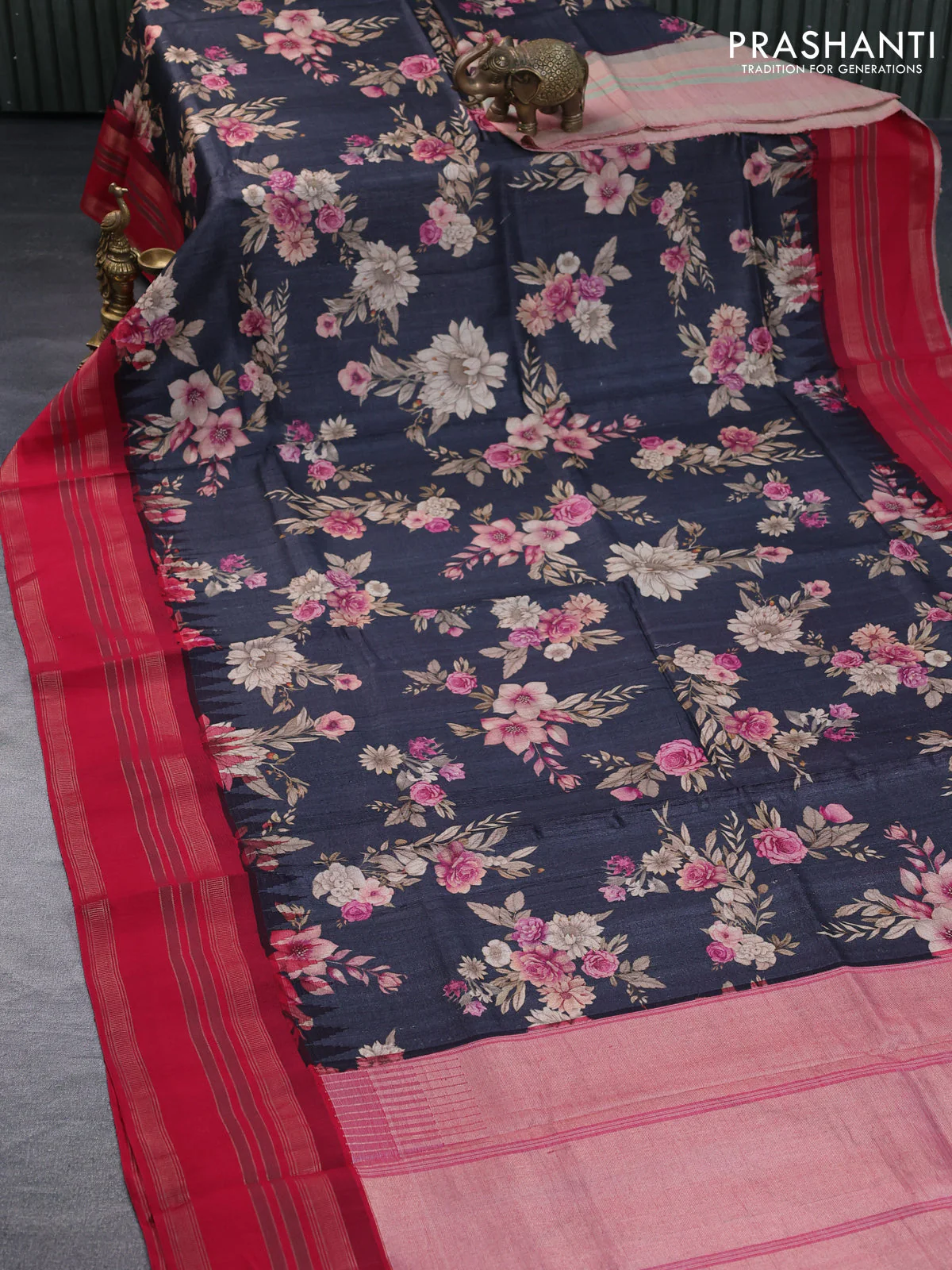 Pure tussar silk saree elephant grey and red with allover floral digital prints and temple deisgn zari woven vidarbha border - Image 9