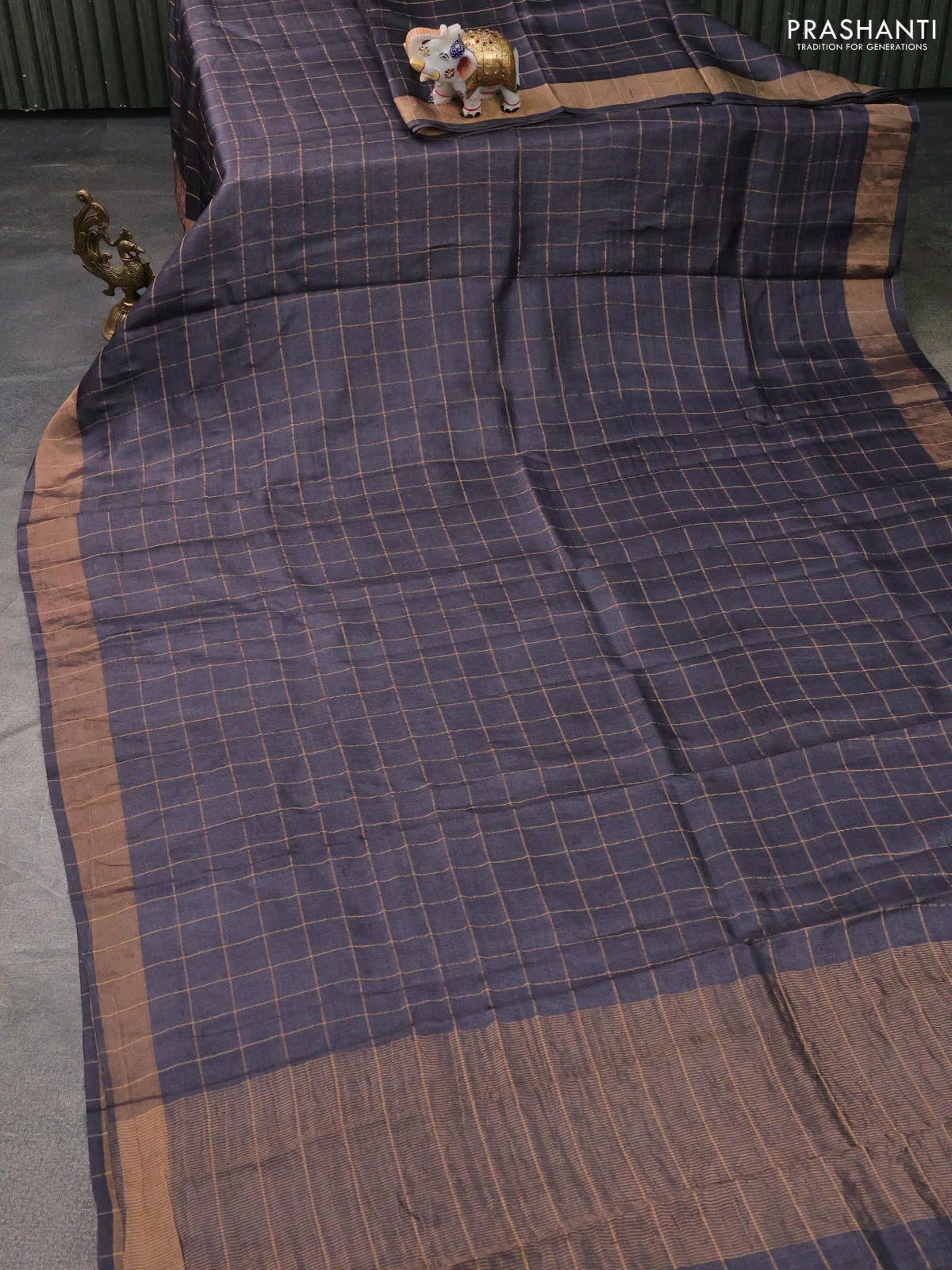 Pure Tussar Silk Saree elephant grey and sandal with allover zari checked pattern and zari woven border - Image 2