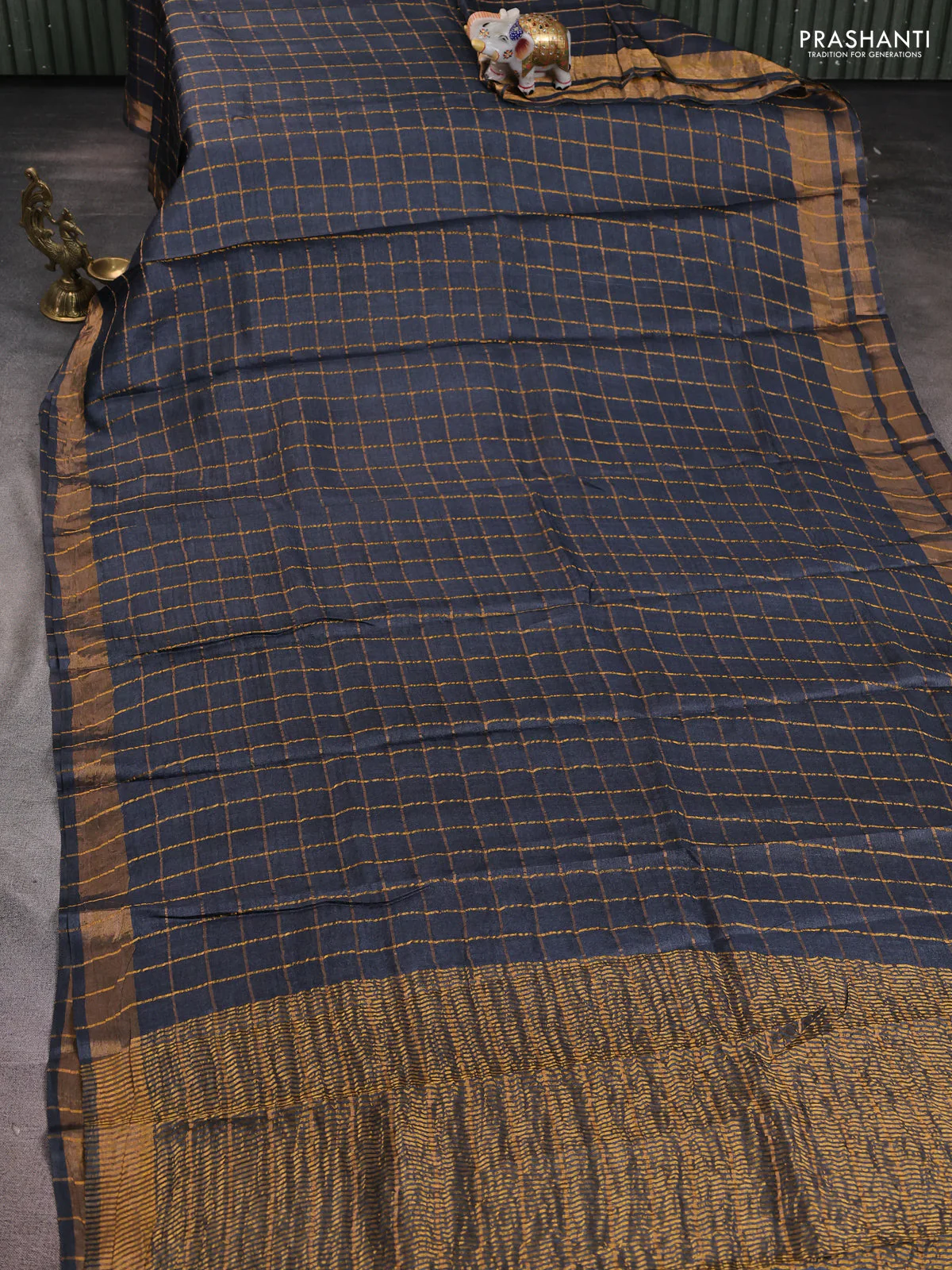 Pure tussar silk saree elephant grey and teal blue with allover zari woven checked pattern and zari woven border - Image 2