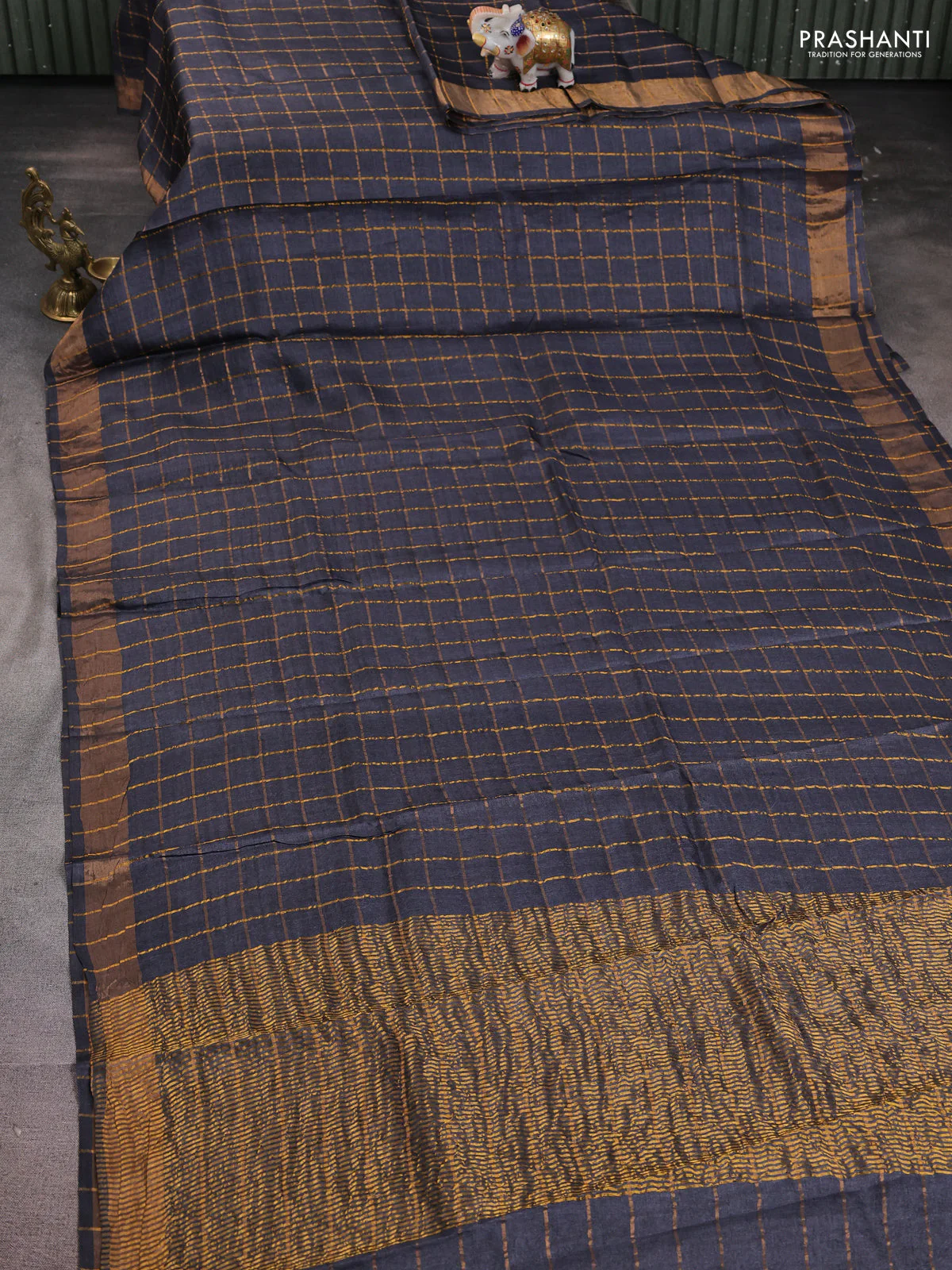 Pure tussar silk saree elephant grey and teal blue with allover zari woven checked pattern and zari woven border - Image 2