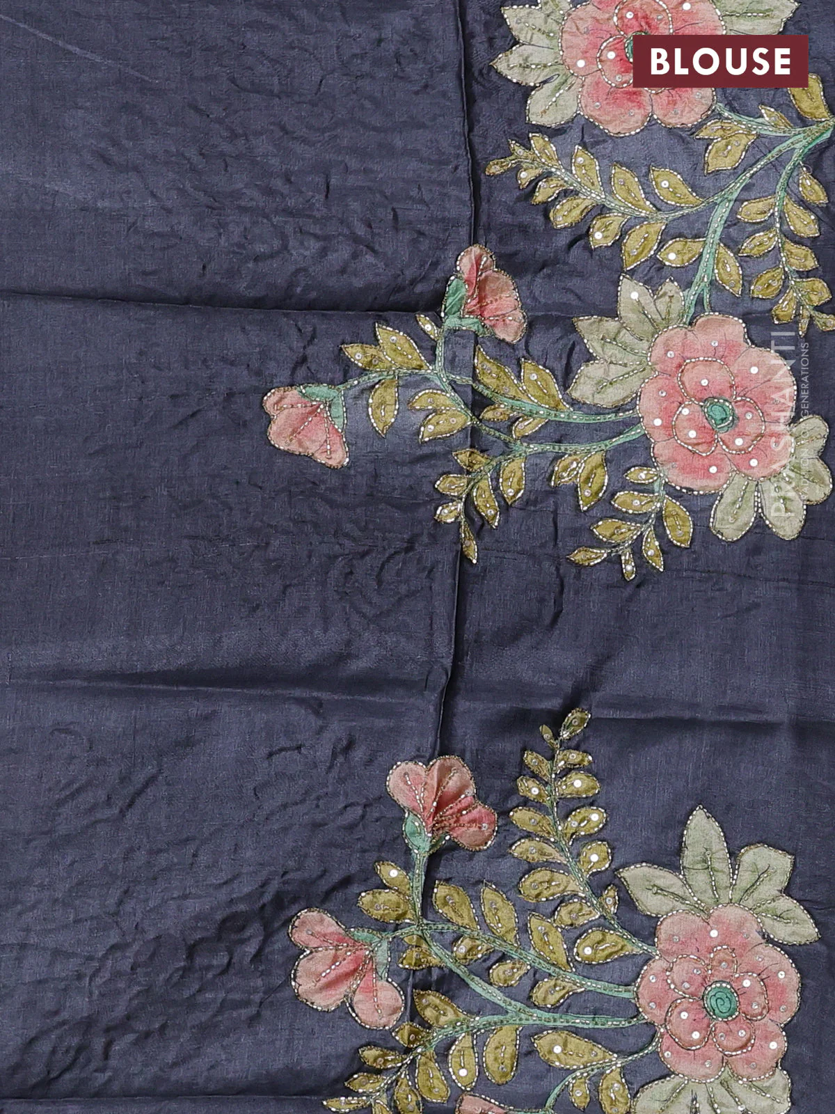 Pure tussar silk saree elephant grey and teal blue with allover zari woven checked pattern and zari woven border - Image 3