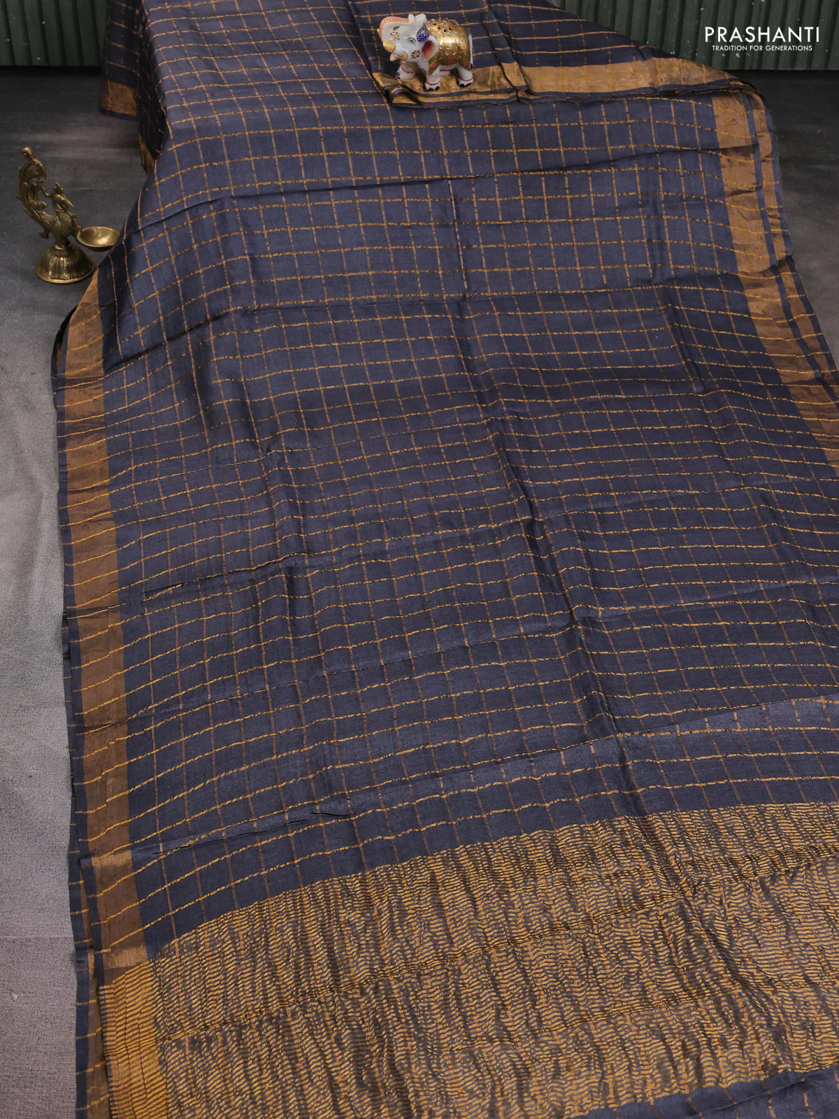 Pure tussar silk saree elephant grey and teal blue with allover zari woven checked pattern and zari woven border - Image 2