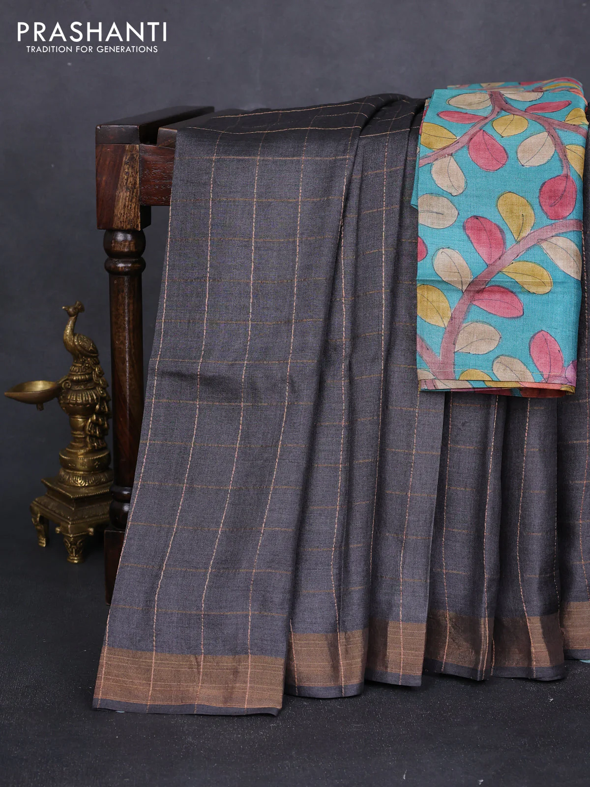 Pure tussar silk saree elephant grey and teal green with allover zari checked pattern and zari woven border
