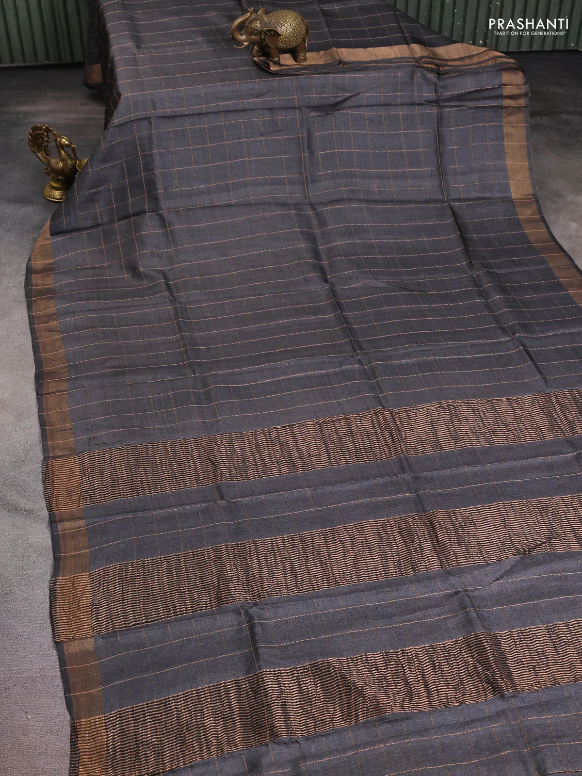 Pure tussar silk saree elephant grey and teal green with allover zari checked pattern and zari woven border - Image 2
