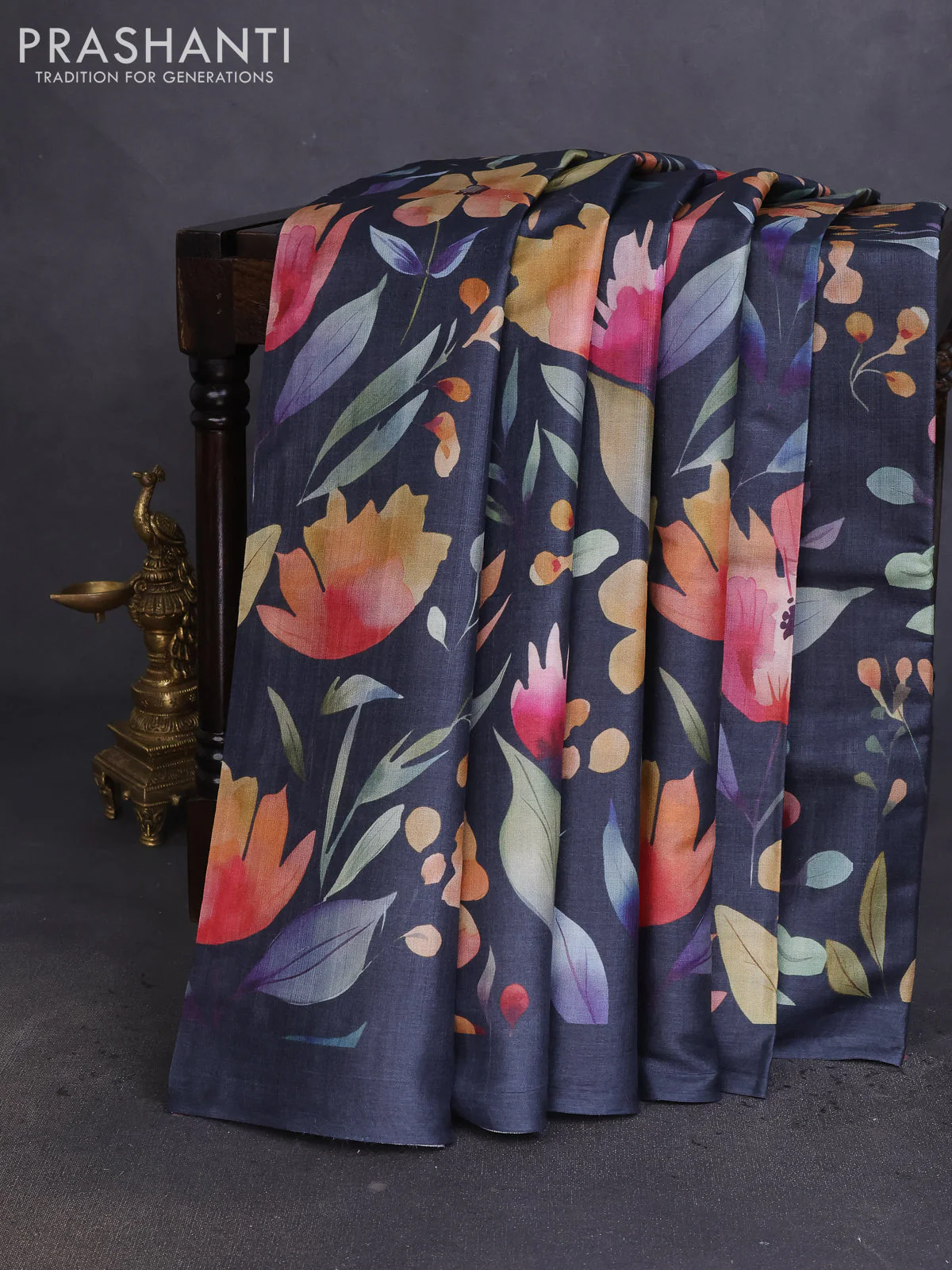 Pure tussar silk saree elephant grey with allover floral digital prints in borderless style