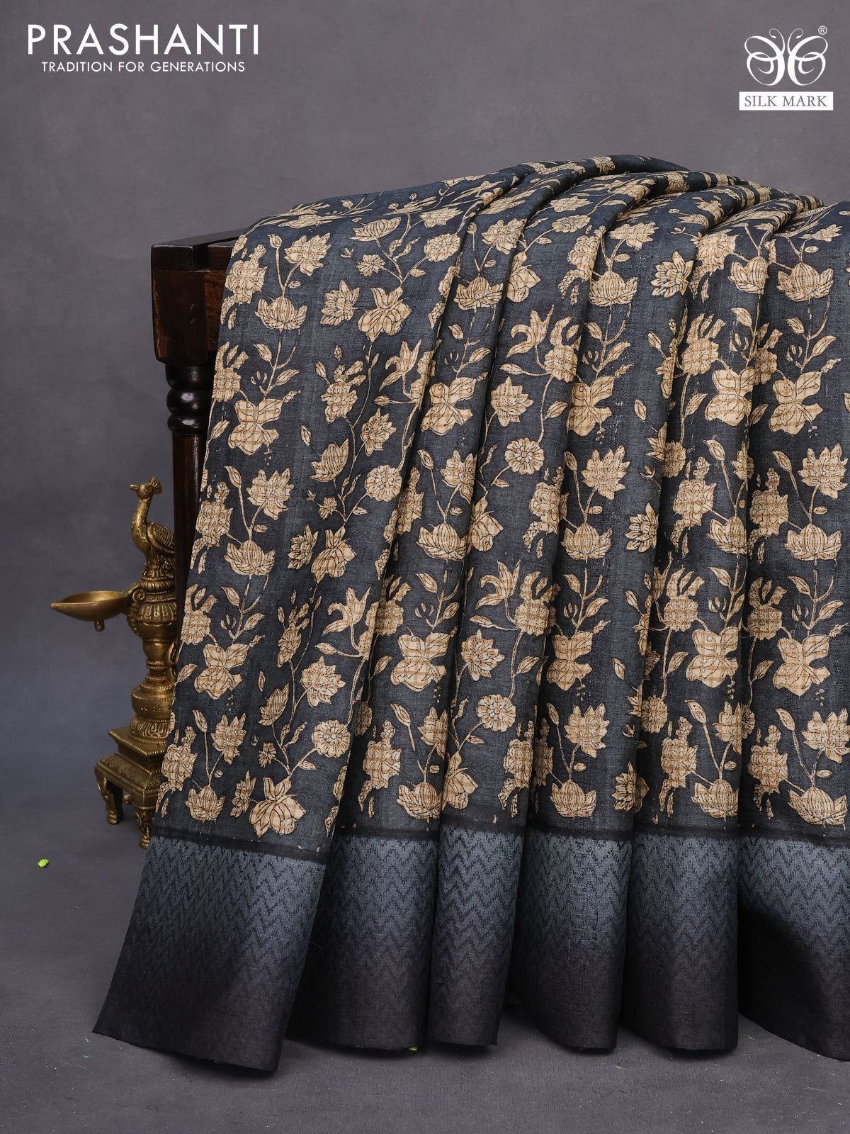 Pure tussar silk saree elephant grey with allover floral prints and printed border