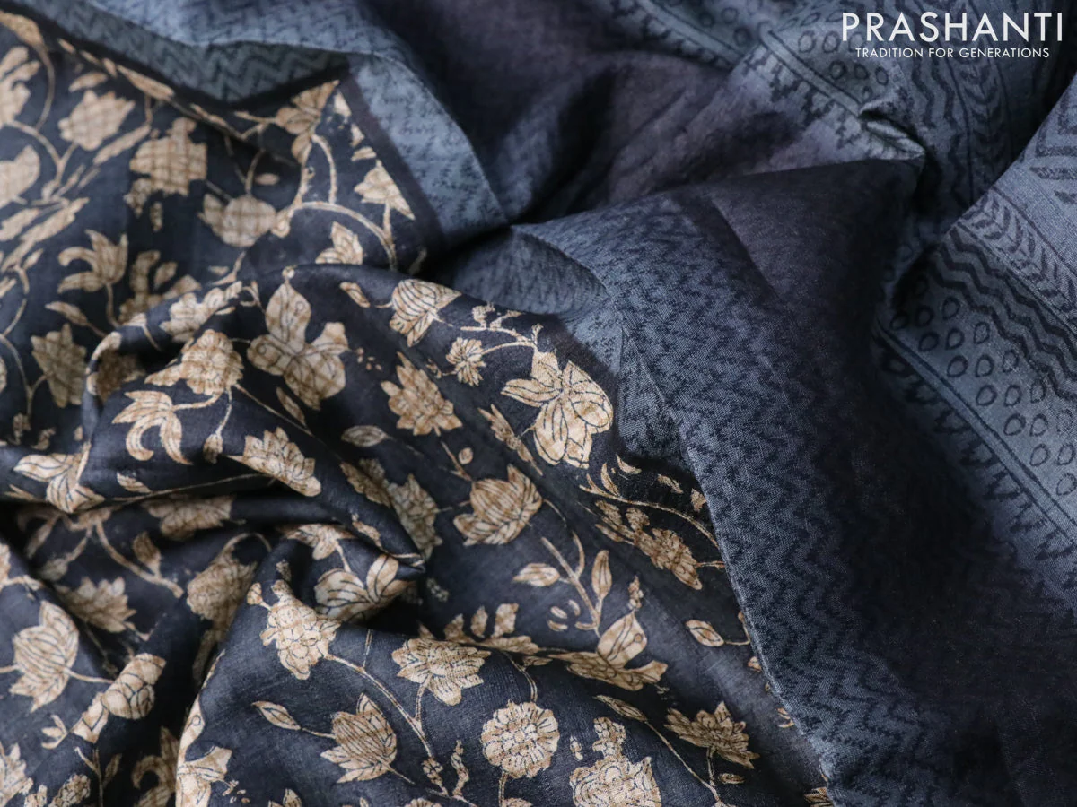 Pure tussar silk saree elephant grey with allover floral prints and printed border - Image 3