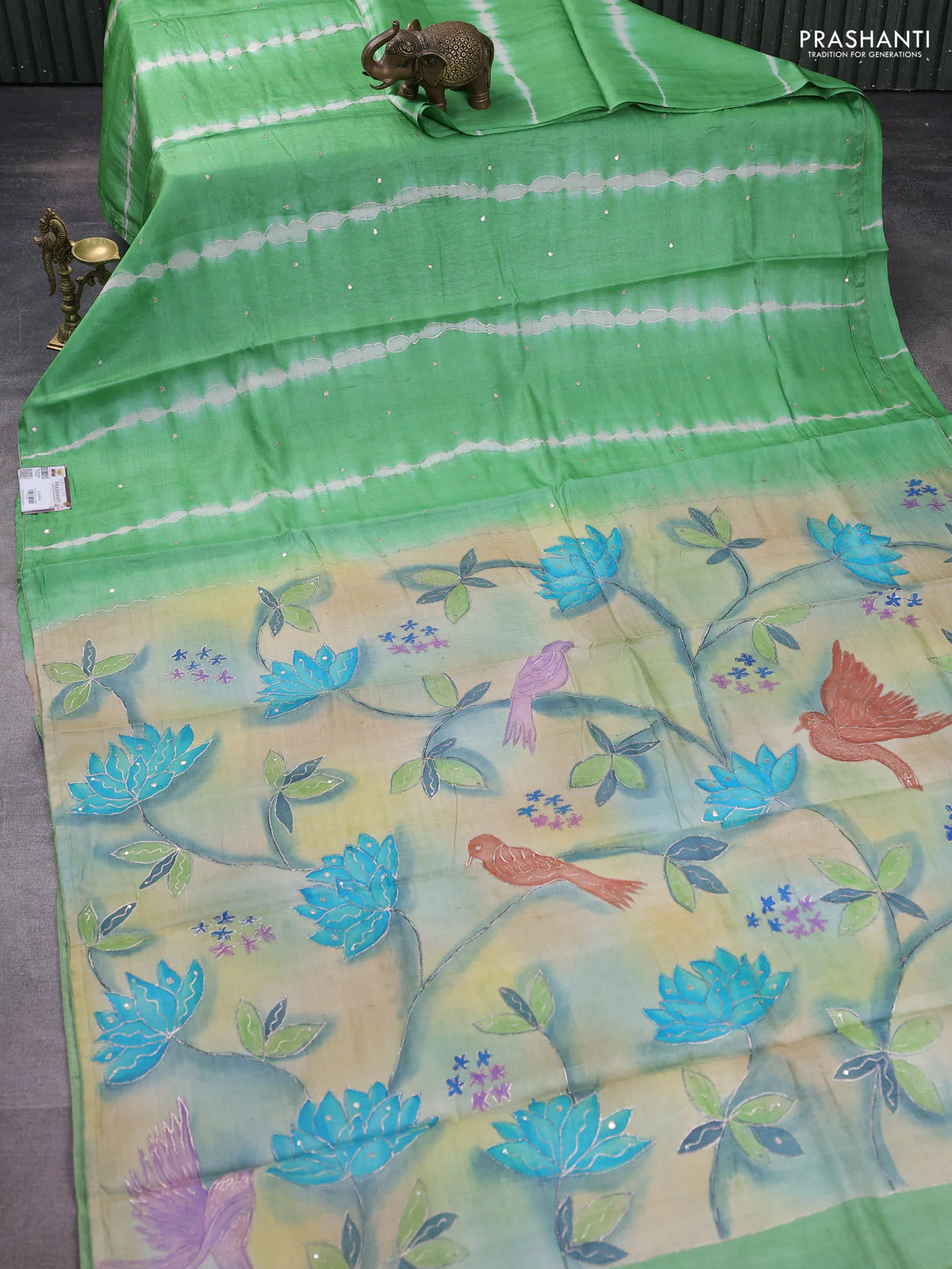 Pure tussar silk saree green and beige with tie & dye prints and pita work pallu - Image 2