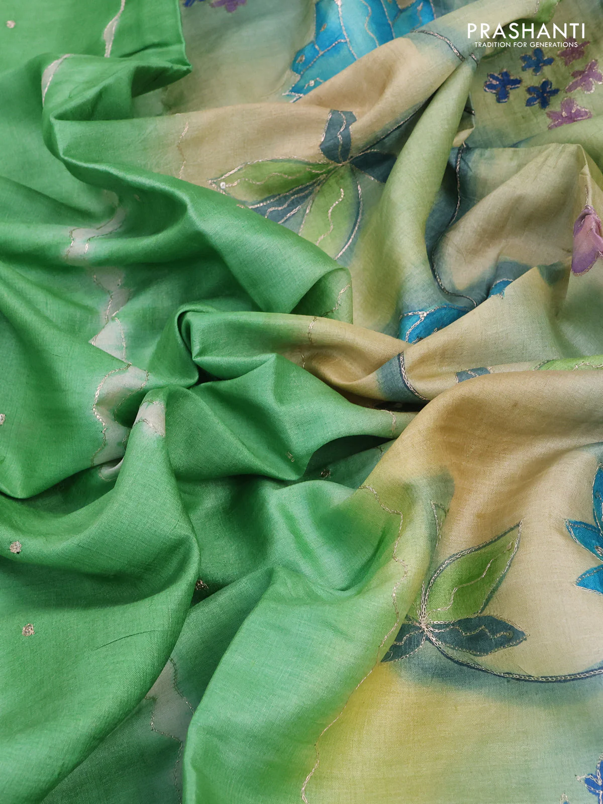 Pure tussar silk saree green and beige with tie & dye prints and pita work pallu - Image 3