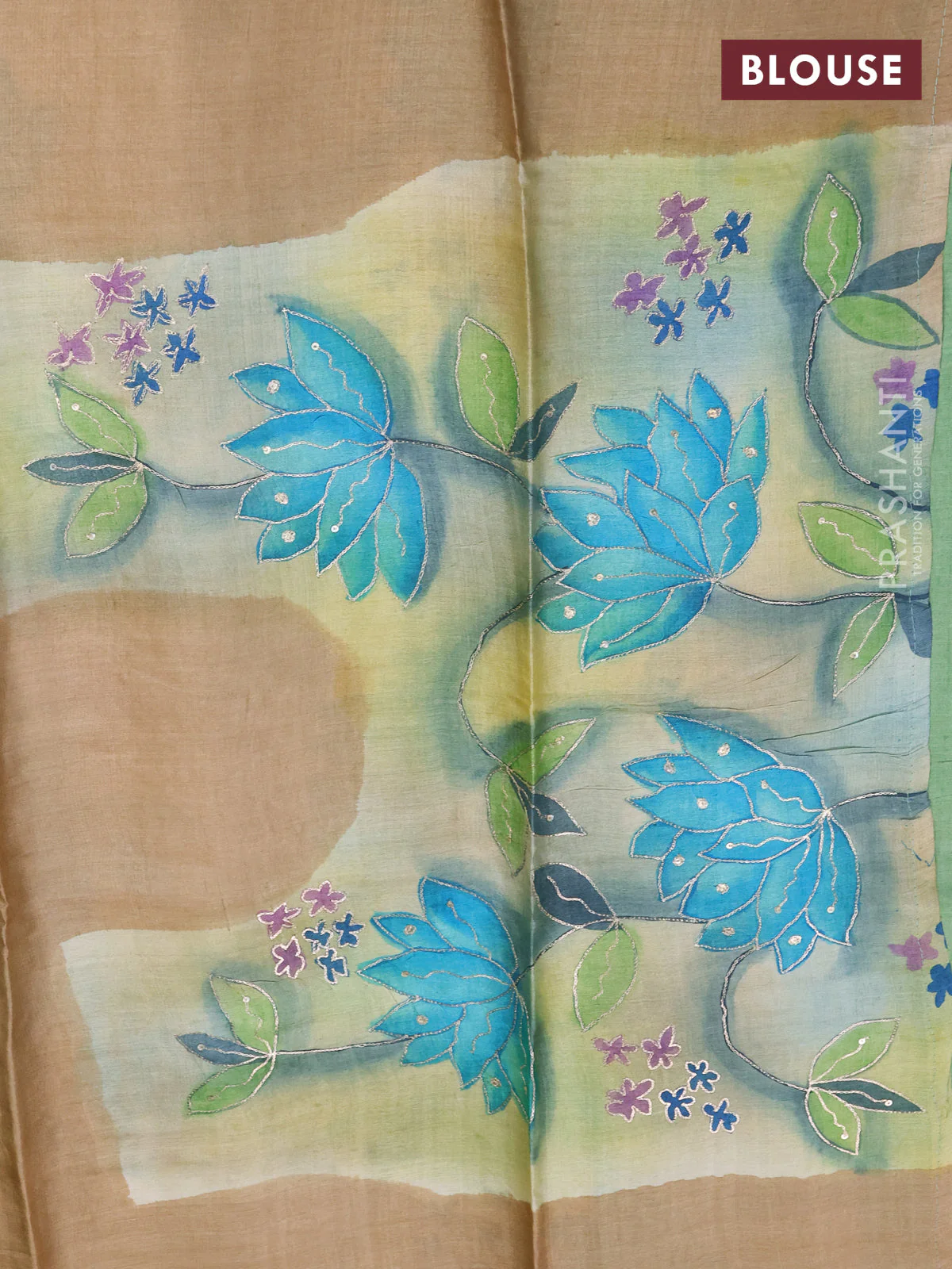 Pure tussar silk saree green and beige with tie & dye prints and pita work pallu - Image 4