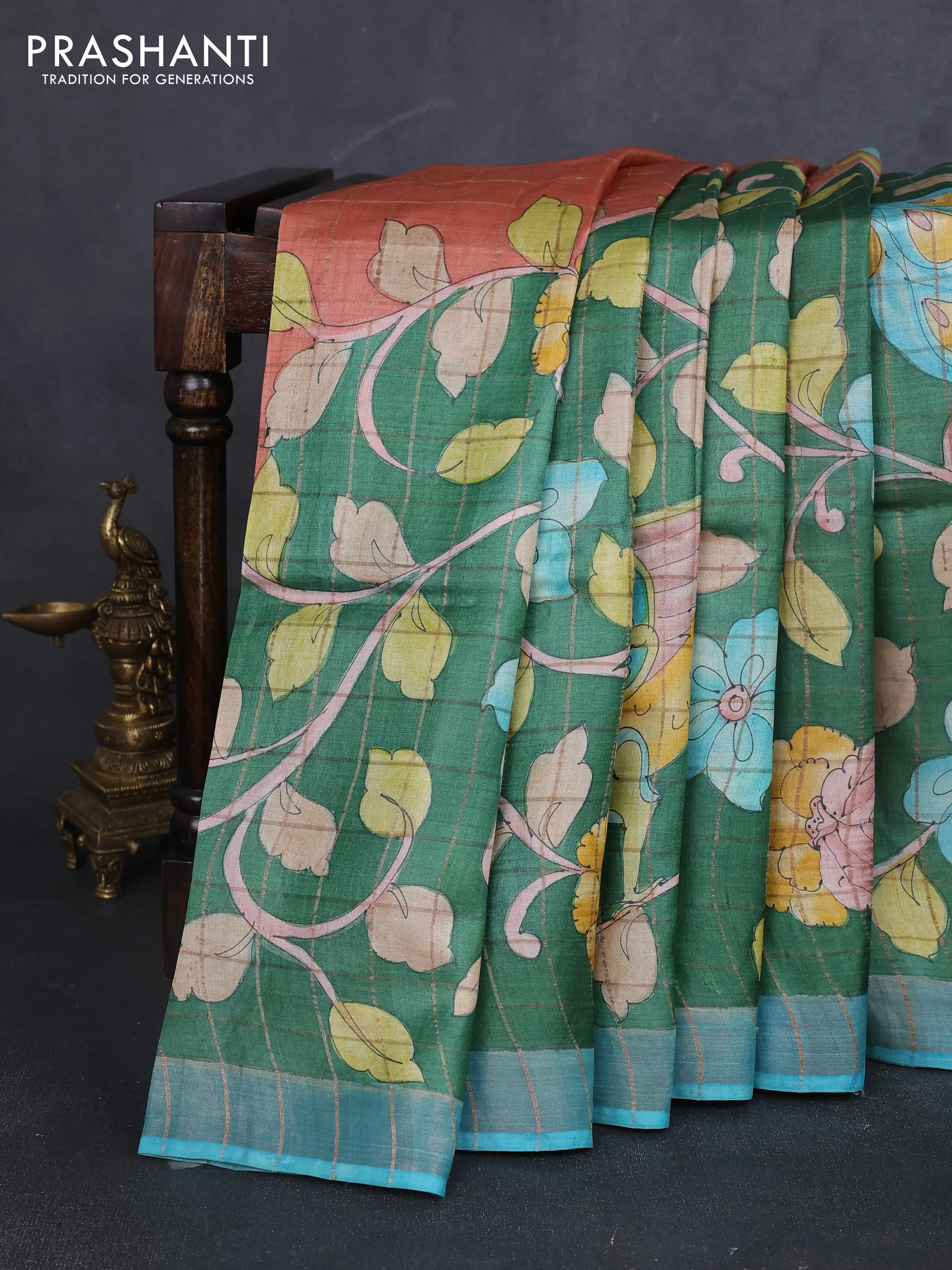 Pure tussar silk saree green and blue with allover kalamkari hand painted prints and zari woven border