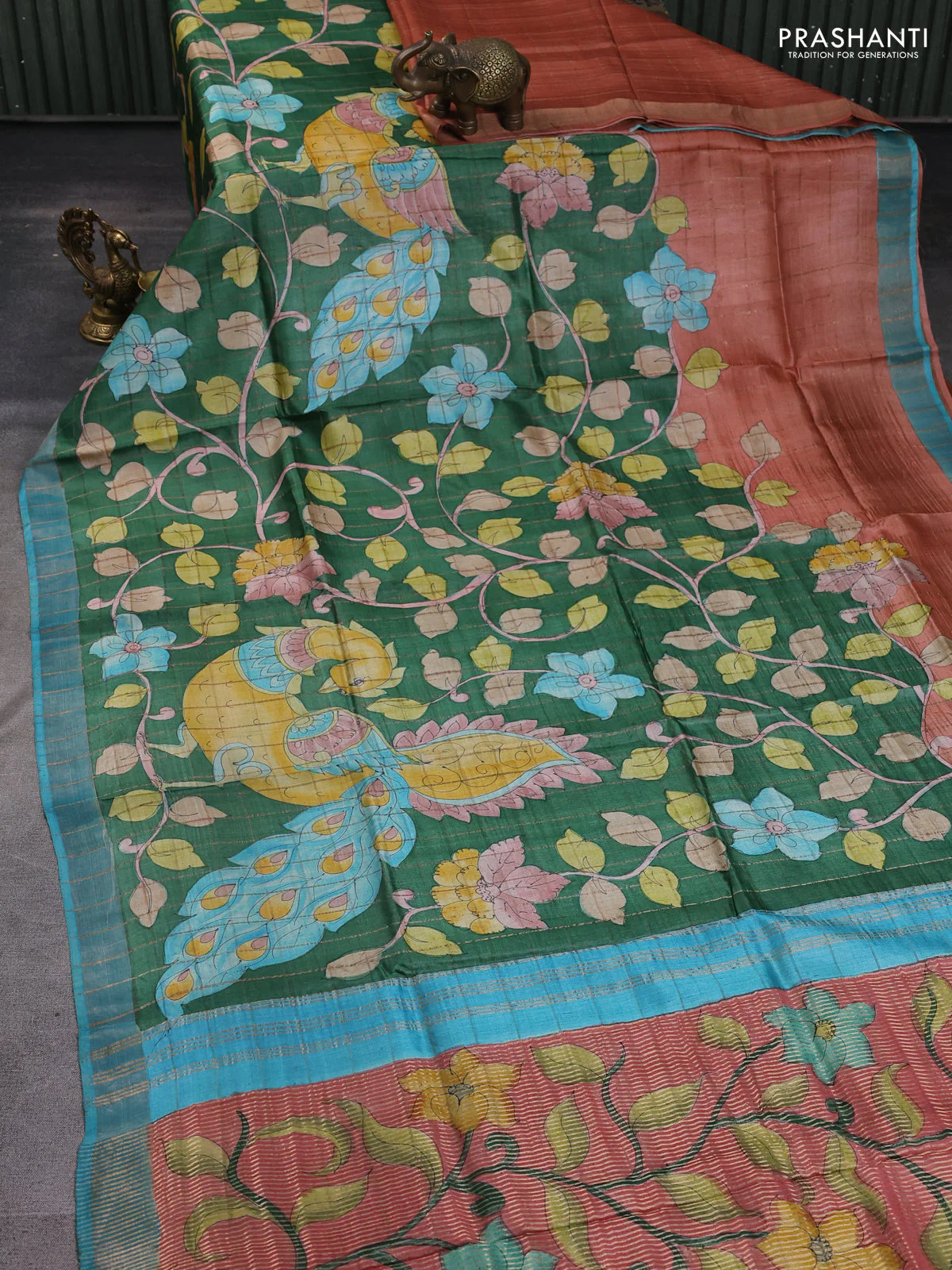 Pure tussar silk saree green and blue with allover kalamkari hand painted prints and zari woven border - Image 2